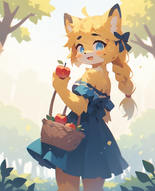 1girl, solo, twintail, twin braids, bow, apple, :d, looking at viewer, holding basket of apples, (blue dress), yellow hair, outdoors, cowboy shot,, (best quality, masterpiece, illustration, ultra-detailed:1.3), (uploaded on e621, furry, anthro, kemono:1.3)