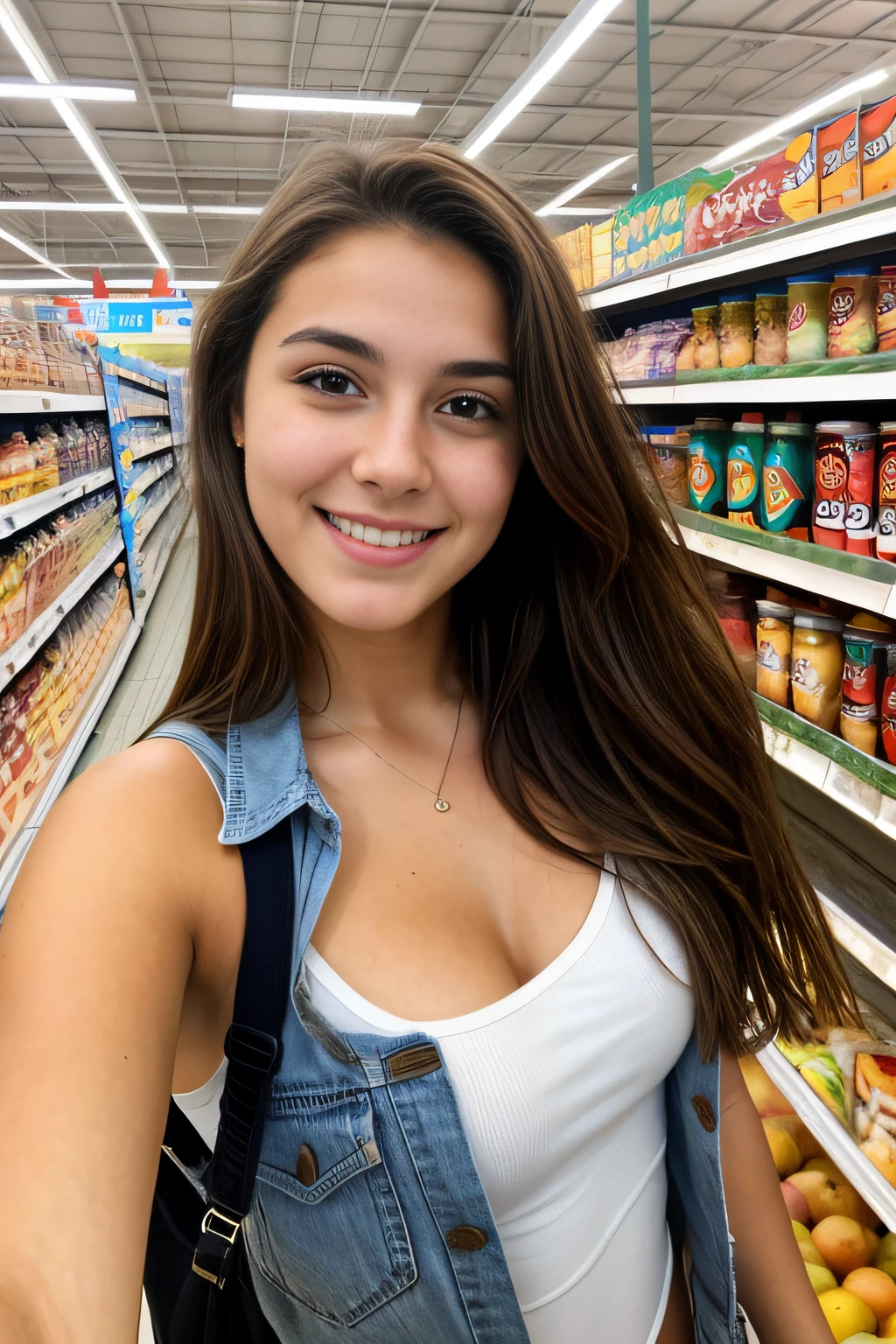 Beautiful 26 year old woman, 170 cm tall, 60kg weight, White skin, long dark curly hair, green eyes, hairstyle, wearing short denim overalls, topless, heels, looking somewhere else, (((Mall))), front of the window, laughing out loud, natural morning light, Realistic portrait, Very detailed, analog style, under the chest, mama, nipple, (((Whole body))),