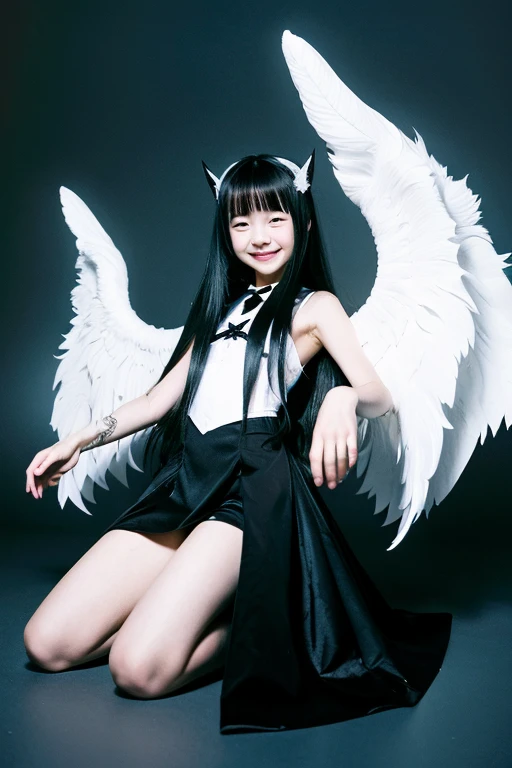 from below,full body,floating,fallen angel, girl,very long black hair,evil smile,