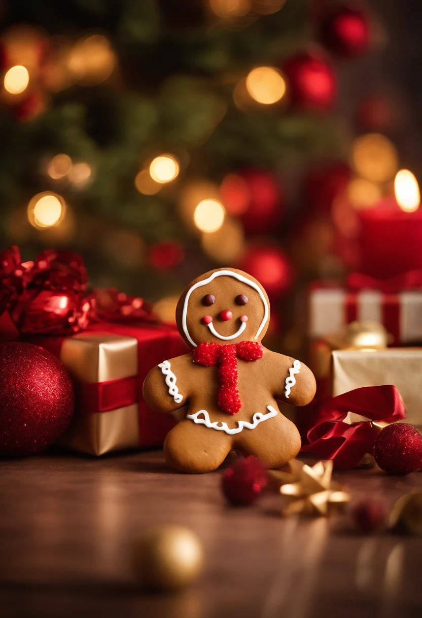 A high-resolution image of a cute Christmas gingerbread man cookie surrounded by festive decorations and wrapped presents, creating a visually merry and holiday-filled scene.