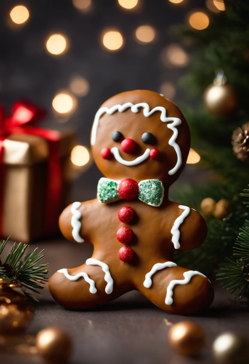 A high-resolution image of a cute Christmas gingerbread man cookie surrounded by festive decorations and wrapped presents, creating a visually merry and holiday-filled scene.