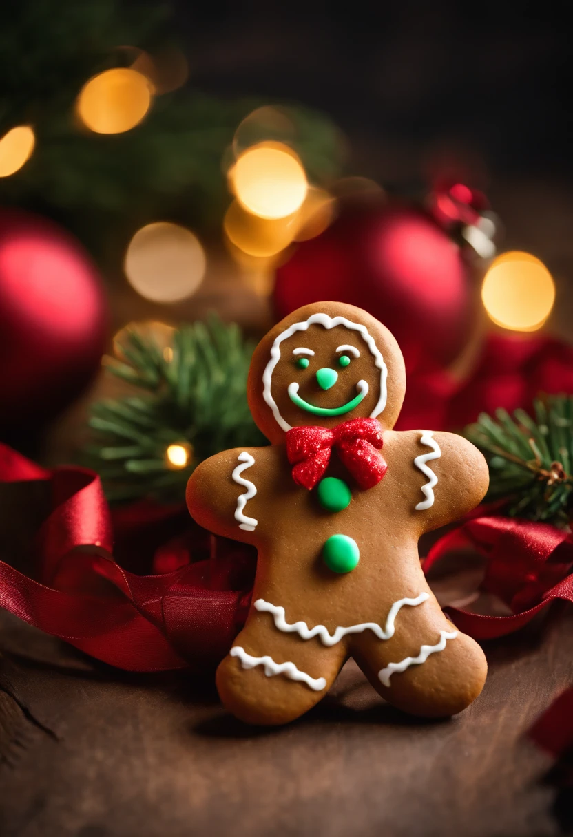 A high-resolution image of a cute Christmas gingerbread man cookie surrounded by festive decorations and wrapped presents, creating a visually merry and holiday-filled scene.