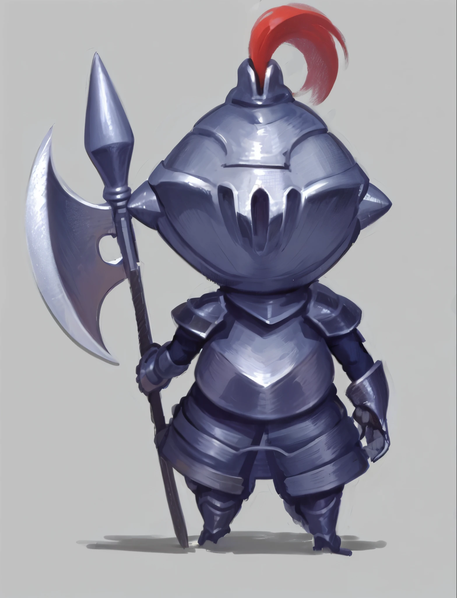 Back view of little knight holding sword