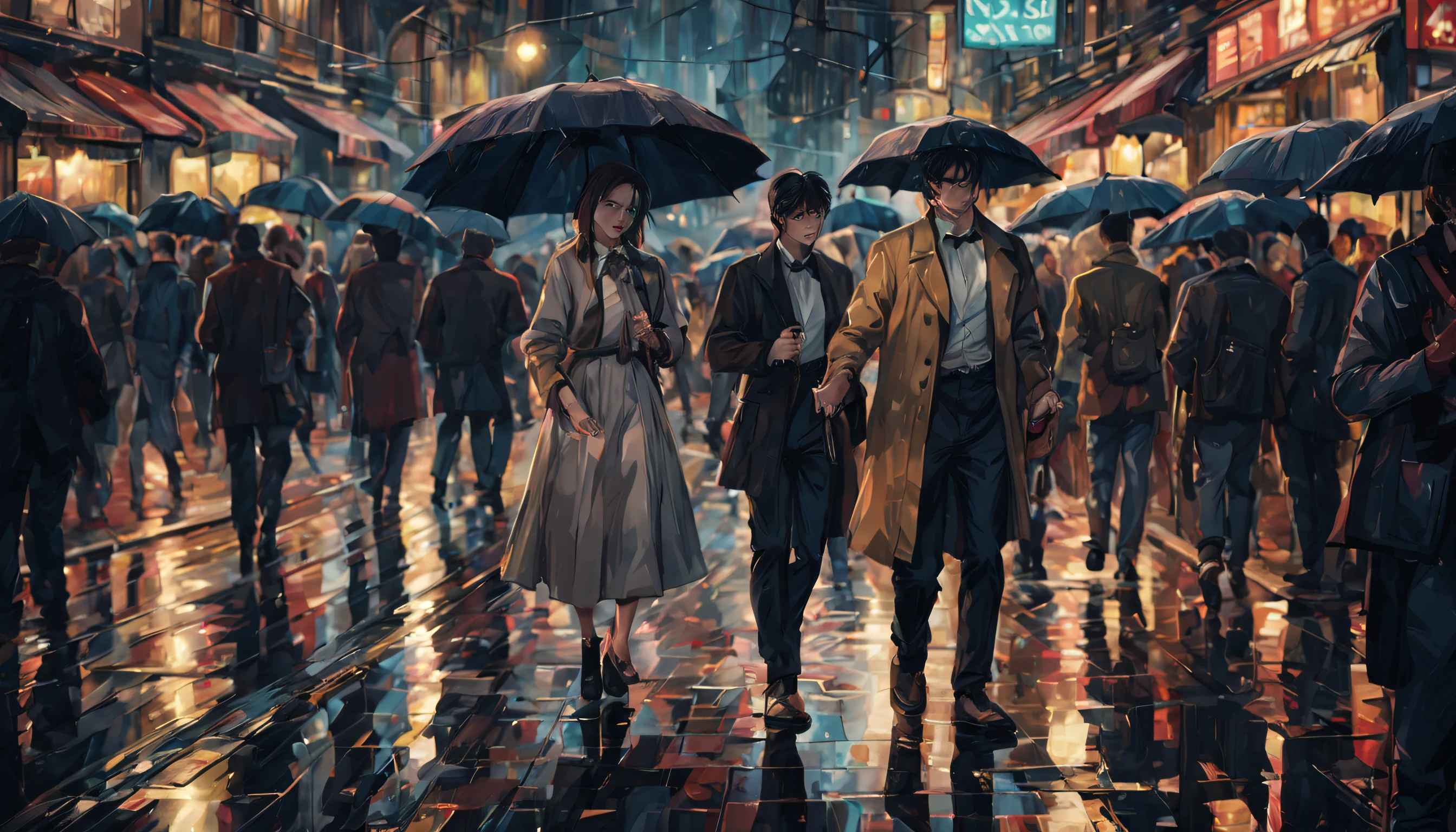 natta，and it is raining，They hold umbrellas in the crowd，The female protagonist looked at the male protagonist with a slightly pale face..，4K