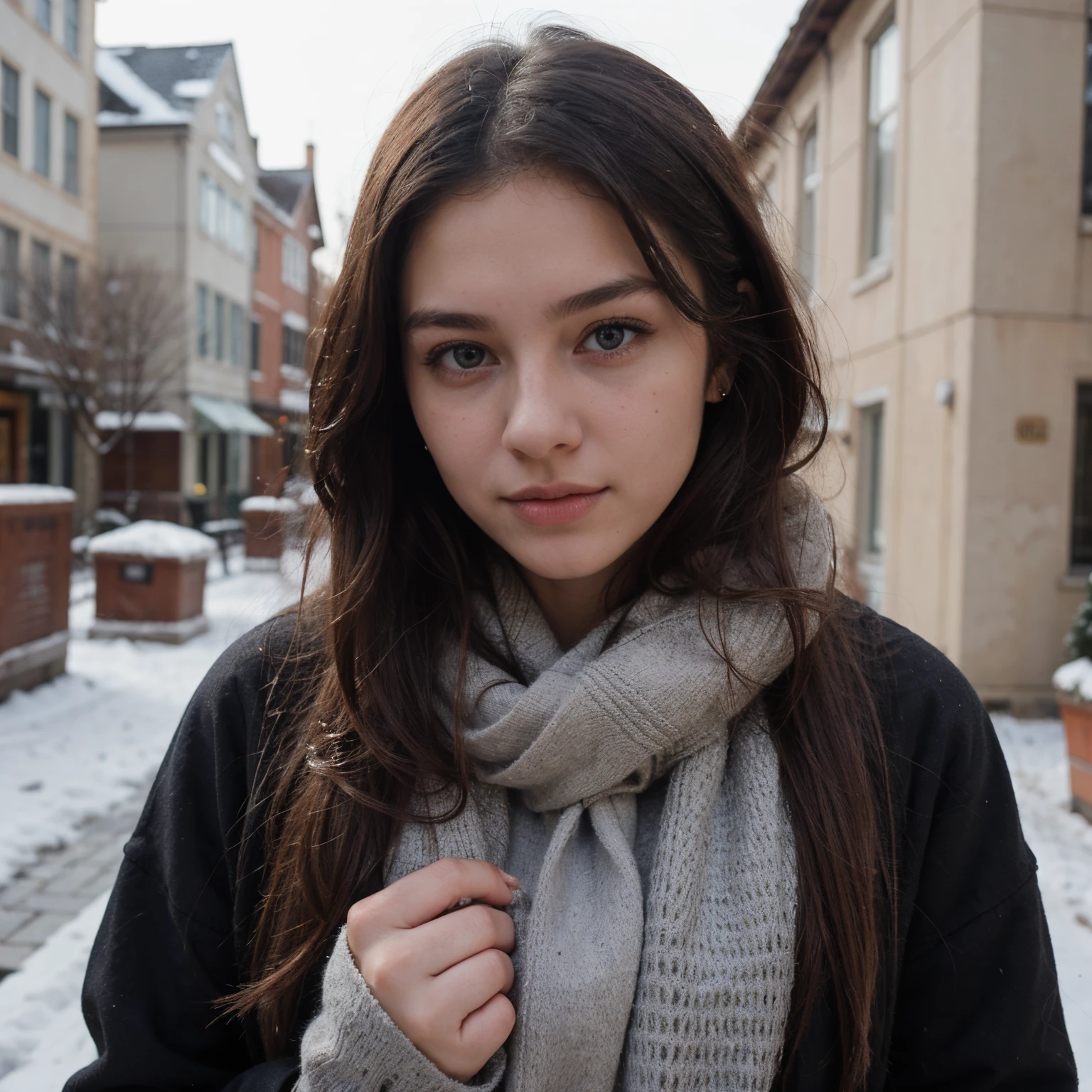 a 20yo woman, perfect face, masterpiece, wearing beautiful winter clothes and on morning , with exciting face ,