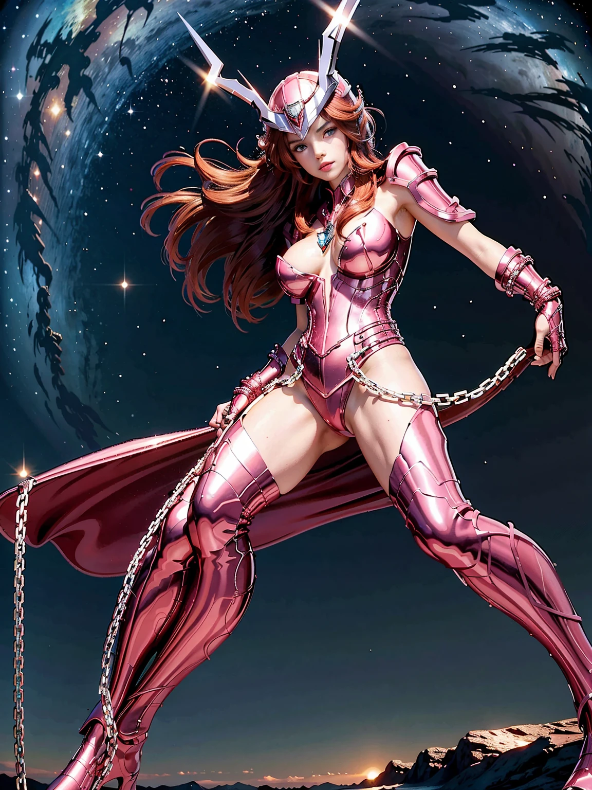 masterpiece, best quality, ultra high res, realistic skin texture, armature, photorealistic, high resolution, raw photo, shiny skin, realistic skin texture, best lighting, sparkle, dramatic lighting, dynamic pose, Greek temple background, night sky, cosmos, milky way, 1girl, balanced eyes, Andromeda Shun, pink armor, roman skirt plate, breast plate, cleavage, red hair, pink helmet, blue eyes, looking at viewer, large breast, slight smile, chains