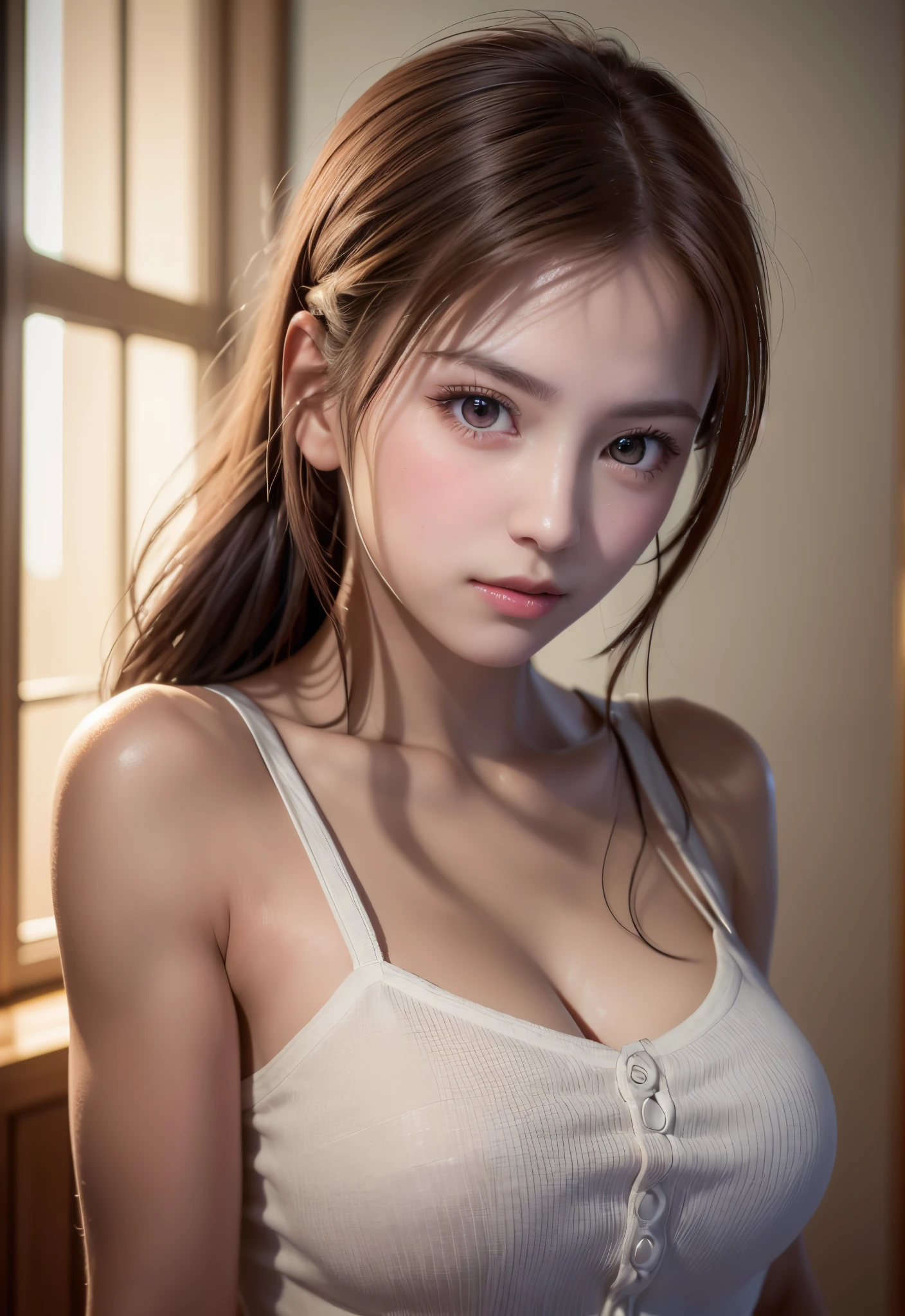 8K, of the highest quality, masutepiece:1.2), (Realistic, Photorealsitic:1.37), of the highest quality, masutepiece, Beautiful young woman, Pensive expression, Gentle eyes, Apron naked、full of shyness、Hair tied back, Messy mood, Cinematic background,  Light skin tone