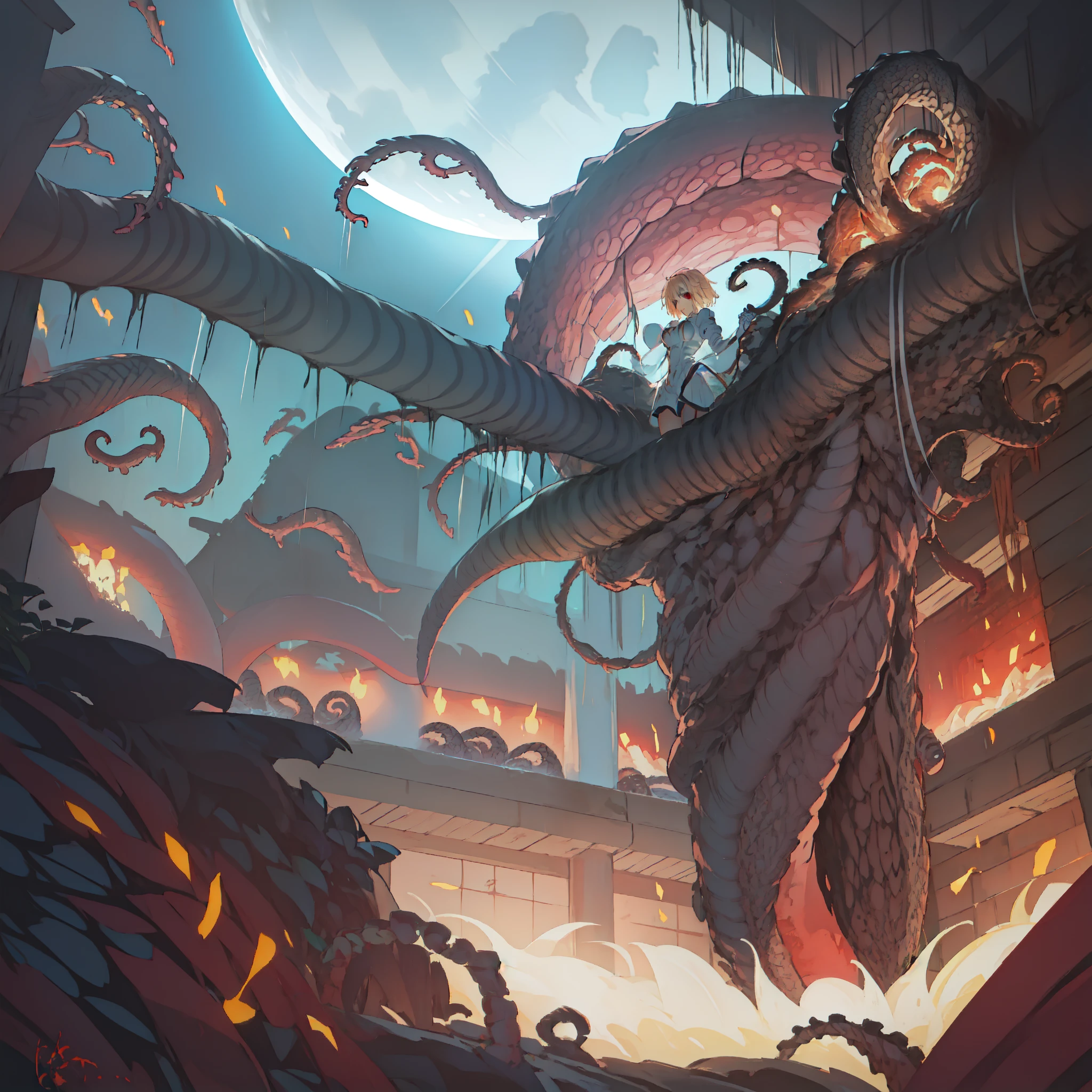 Takashi Takeuchi style, ((1girl:1.4)), (solo:1.4), (wantun-tentacles,tentacles,tentacle sex:1), big tentacle, giant tentacle, (his trunk is a huge tentacle:1.5), (big tentacle sneak around:1.5), (giant coiling snake machine:1.5), (tentacle is surrounding them:1.5), BREAK, arcueid \(tsukihime\), archetype earth \(hime\), (tightly restrained:1.6)bare shoulders, blush, breasts, cleavage, detached collar, detached sleeves, two-tone strapless sleeveless hime white dress, field, flower, flower field, full moon, gloves, large breasts, looking at viewer, moon, night, night sky, petals, sky, disgusted, solo, white gloves, (standing:1.4), fullbody, white panties