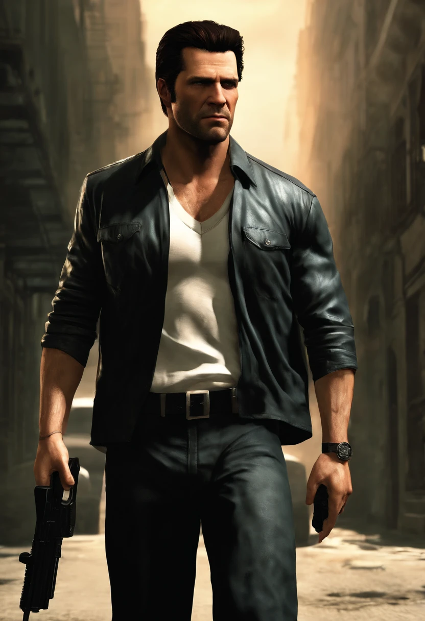 A photo of Max Payne walking through a deserted alley, with the morning sunlight casting long shadows behind him.,Max Payne 3,Max's appearance can be described as follows:

Max Payne is a middle-aged man with a rugged and weathered appearance. He has a strong and muscular build, reflecting his background as a former police officer and skilled marksman. Max stands at an average height and has a slightly hunched posture, which adds to his weary and worn-out demeanor.

His most notable feature is his dark, unkempt hair, which is usually styled in a messy manner. Max has short hair that is mostly black, with a slight hint of gray, suggesting the toll that his experiences have taken on him. He often has a five o'clock shadow, further reinforcing his gritty and tired look.

Max's face bears the scars of his troubled life. He has a strong jawline and deep-set, piercing blue eyes that reflect a mix of determination and sorrow. His eyes often appear bloodshot, hinting at his sleepless nights and constant battles with inner demons. Max has prominent cheekbones, which lend a sharpness to his features, and his facial expression is often grim or pained.

He typically dresses in a dark and practical manner, reflecting his no-nonsense approach to life. Max is often seen wearing a black leather jacket, which has become an iconic part of his attire. Underneath the jacket, he usually wears a plain dark-colored shirt or a white undershirt. He pairs this with dark trousers and sturdy black boots, suitable for the intense action and combat he encounters.

Max Payne's overall appearance exudes a sense of world-weariness and a touch of noir. His disheveled hair, tired eyes, and rugged attire reflect the turbulence he has experienced and the dark path he walks in his relentless pursuit of justice and redemption.

Max Payne has a distinctive facial structure with pronounced cheekbones and a strong jawline. His face often appears tense and serious, with a deep furrow between his eyebrows. The lines around his eyes and mouth show the traces of sorrow, pain, and stress that have marked his life.

His eyes are characterized by an intense ice-blue color, creating a striking contrast against his dark hair. His gaze is usually serious and determined, but also tinged with sadness and melancholy. His piercing stare conveys a sense of intensity and resolution.

Max often wears a distinctive expression marked by anger and rage. His jaw is often clenched, and his lips are often pressed into a thin line, reflecting his determination and suffering.

Regarding his clothing, Max Payne's style is practical and functional. He typically wears dark, worn-out attire that allows him freedom of movement and suits his dark character. Along with his iconic black leather jacket, he often wears a plaid shirt or a plain t-shirt underneath. His pants are usually dark or black, emphasizing the somber tone of his story. He completes his look with sturdy black boots, conveying both stability and a rugged edge.

Max Payne's overall appearance is characterized by a blend of strength and vulnerability. His tired and weathered look reflects the heavy emotional burdens he carries, while his determined countenance and piercing gaze demonstrate his persistence and desire for revenge and justice., male