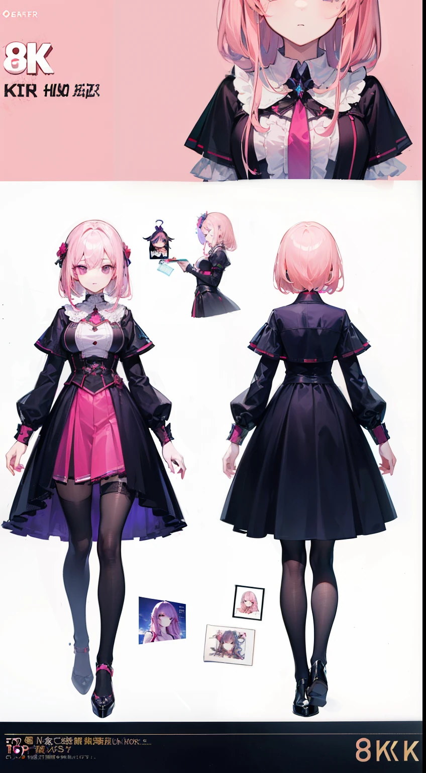 (((8K,top-quality)))1 young girl, character sheets, concept-art, full body Esbian, (masterpiece:1.2), (Top image quality:1.3), 1girl in, is standing, length hair,Adulterous demons,Light pink hair,purple eyes arrive,obscene stamp