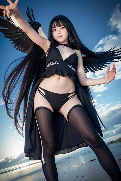 from below,full body,floating,fallen angel, girl,very long black hair,evil smile,
