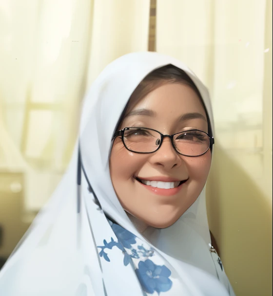 smiling woman in a headscarf and glasses standing in front of a curtain, faridah malik, h. kyoht luterman, inspired by Ingrida Kadaka, protrait, full protrait, selfie photo, kuntilanak, teacher, picture, muira, ayamin kojima, potrait, mother sarah artist, hannah yata, non blurry, Brown skin