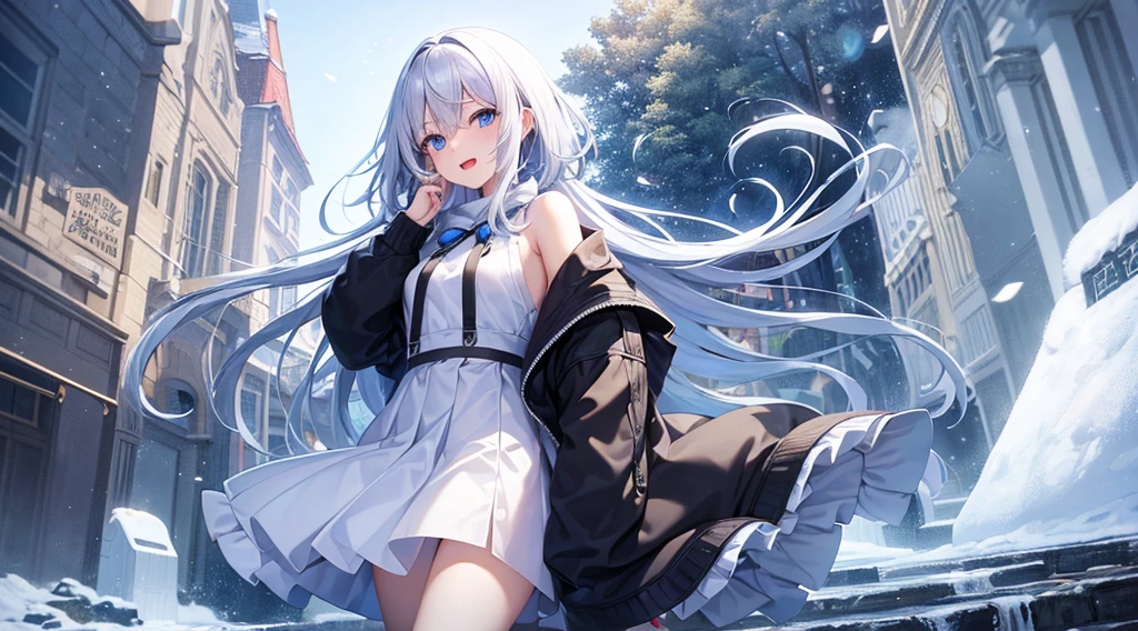 mid-shot, Look at viewers, hands behind back, girl with, 20 years old, Very short hair, long bangs between eyes, hair over shoulder, Grey Hair, Floating hair, ^ ^, pale blue eyes, Short dress, Hoodie, Skirt, Bare shoulder, White clothes, Blue sky, Nature, Sunlight, Extremely detailed,(​masterpiece、top-quality)、独奏、1womanl、White hair、the tips of the hair are blue、Blue eyes、A smile、White skin as clear as snow、Fantastical,Small breasts, Silver hair, Blue eyes, Beautiful eyes, Teen Girl, Ecstasy, charmed, be smitten with audience, Hoodie, Hoodie with open front, snowscape, Shoulder out,White muffler,open open mouth