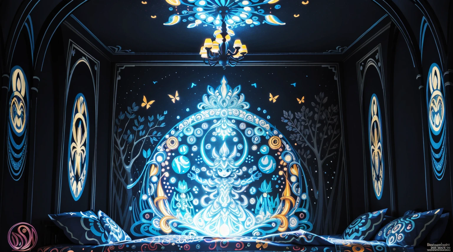 (masterpiece, best quality), blacklight arts, glow in the dark, a children's room wallpaper with intricate details and patterns, playful, magical, clean lines, perfect illustration