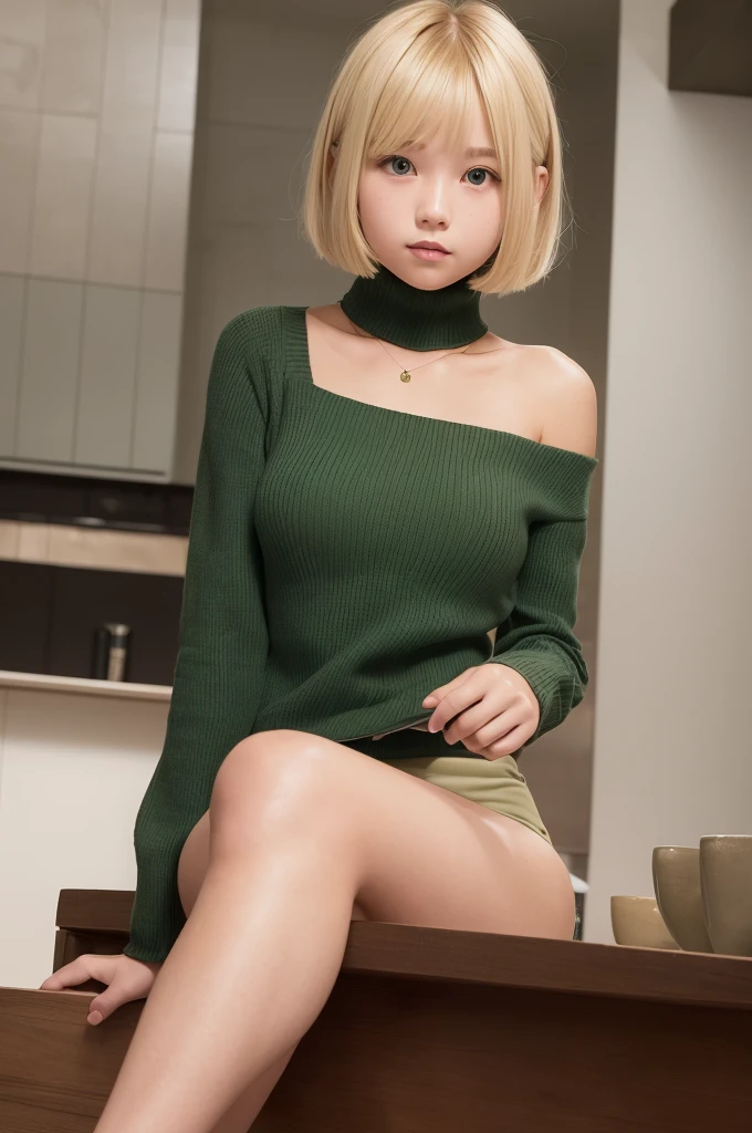 a very cute blonde 14yo girl wearing dark pea green chest-hole-cut-out turtleneck,  sitting in cafe posing for picture, bob-cut hair, raw photo