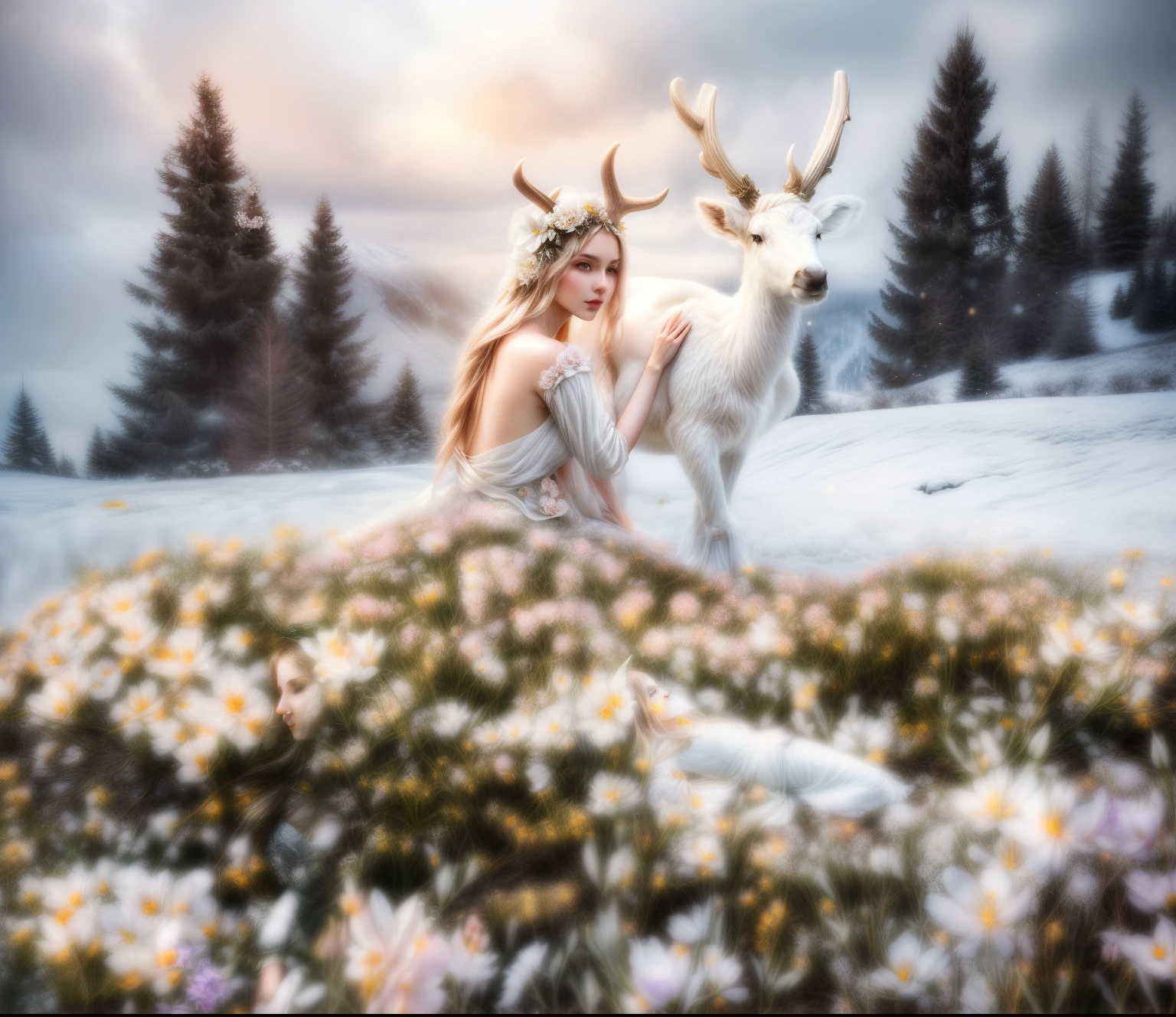 (a woman in a white++++++ gown), (sitting with deer in the snow), (((graceful horns on the head))), ((((((with beautiful flowers around her: 1,75)))))), Fantasy photography, fantasy matte painting,Cute, inspired by the Limburg brothers, an epic fantasy, The White Witch, Young woman with horns, Anna Boch, by Emma Andijewska, Lucia Peka, ethereal fairytale, beautiful nordic woman, Realistic fantasy photography, inspired by Anka Zhuravleva, Anka Zhuravleva, Pale ivory skin