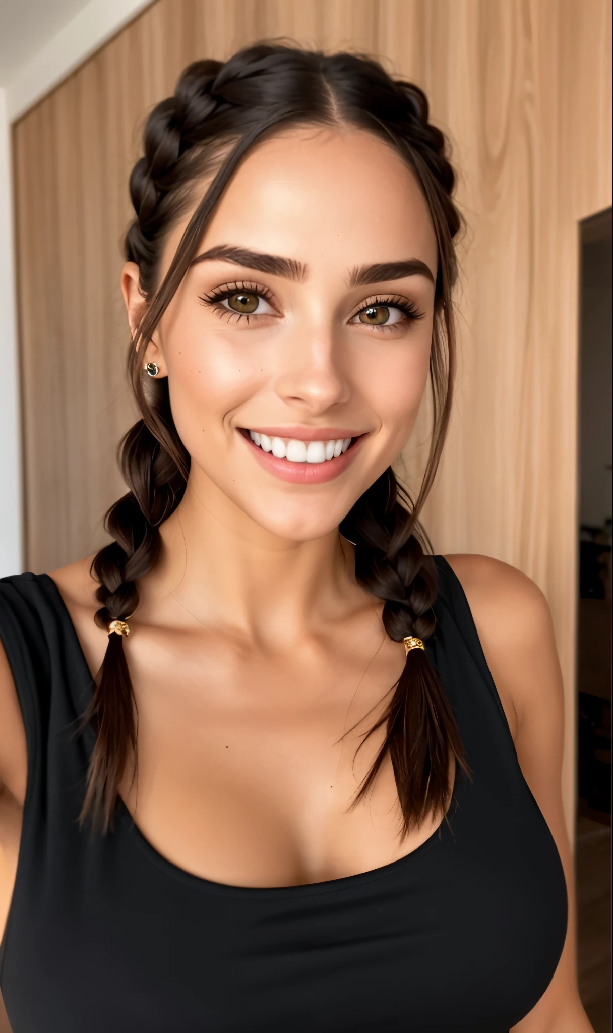 a close-up of a woman with a black blouse and braids, ela tem dentes brancos perfeitos, lindo rosto latino, olivia culpo, ela tem um rosto expressivo bonito, Violeta Myers, Cara Sexy, Cerveja Madison, she is smiling and excited, foto da beleza gal gadot, ela tem um rosto bonito, Cerveja Soft Devil Queen Madison, olhar sexy