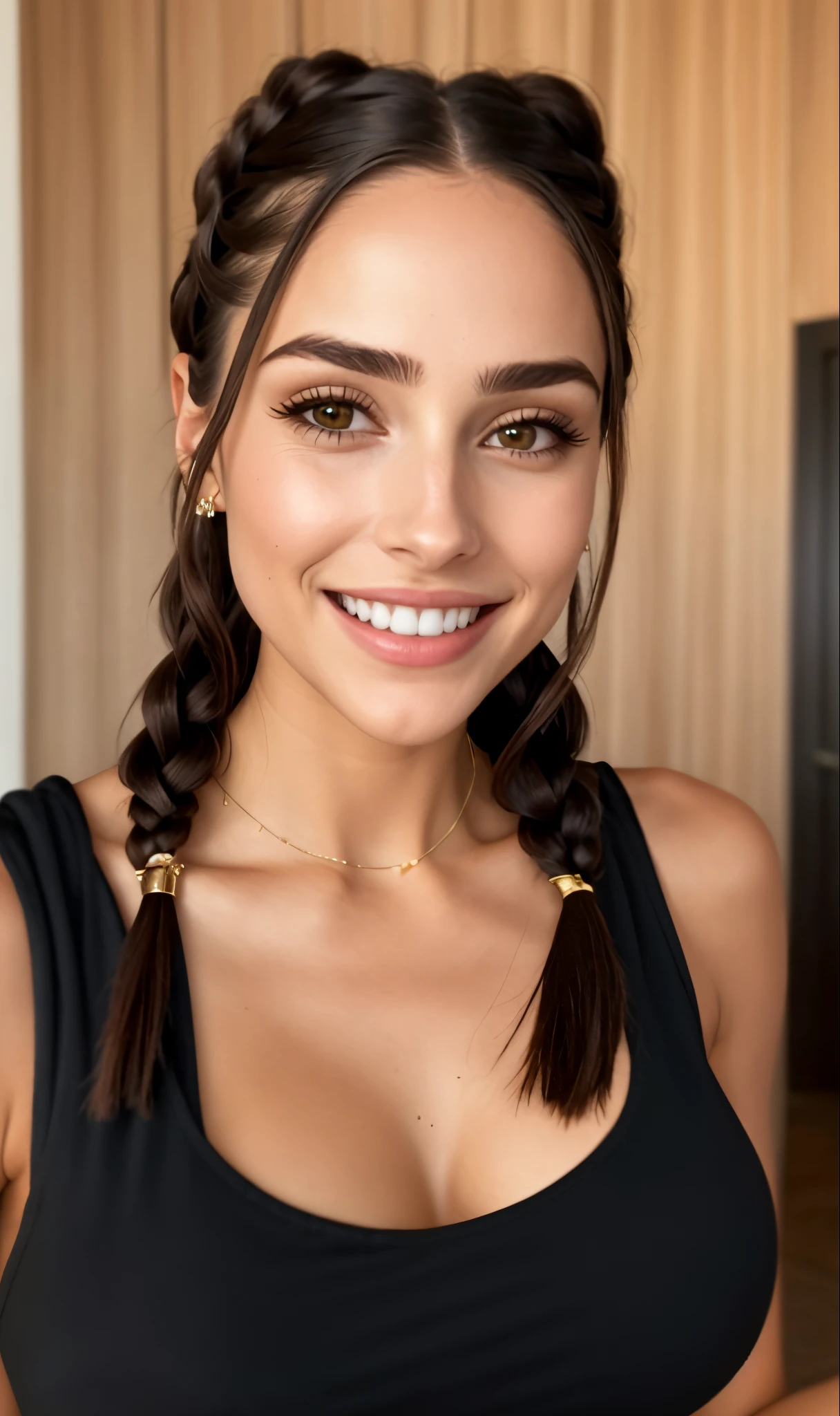 a close-up of a woman with a black blouse and braids, ela tem dentes brancos perfeitos, lindo rosto latino, olivia culpo, ela tem um rosto expressivo bonito, Violeta Myers, Cara Sexy, Cerveja Madison, she is smiling and excited, foto da beleza gal gadot, ela tem um rosto bonito, Cerveja Soft Devil Queen Madison, olhar sexy