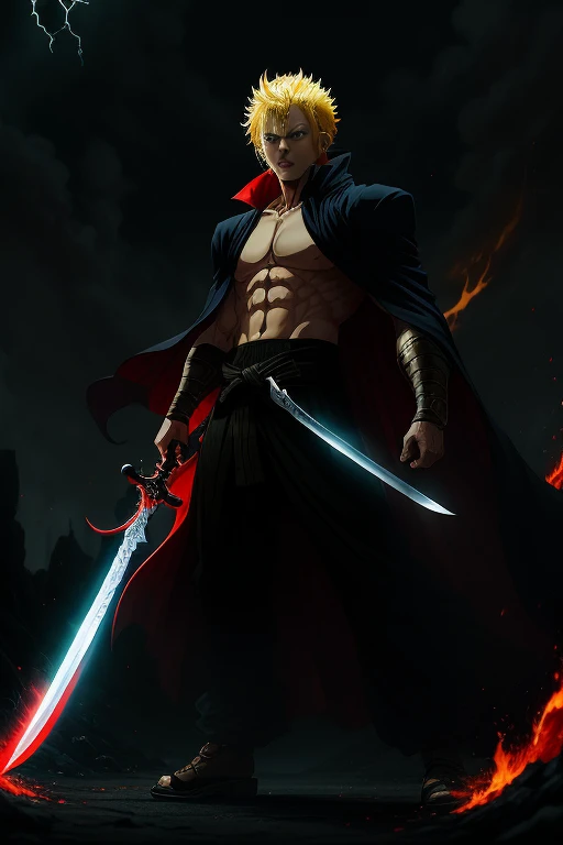 (masterpiece:1.2,best quality,ichigo,bankai form,yellow hair), intense battle, fiery sword, determined expression, flowing black cloak, glowing red eyes, powerful aura, dramatic lighting, dynamic pose, epic background, anime style, vibrant colors, detailed face