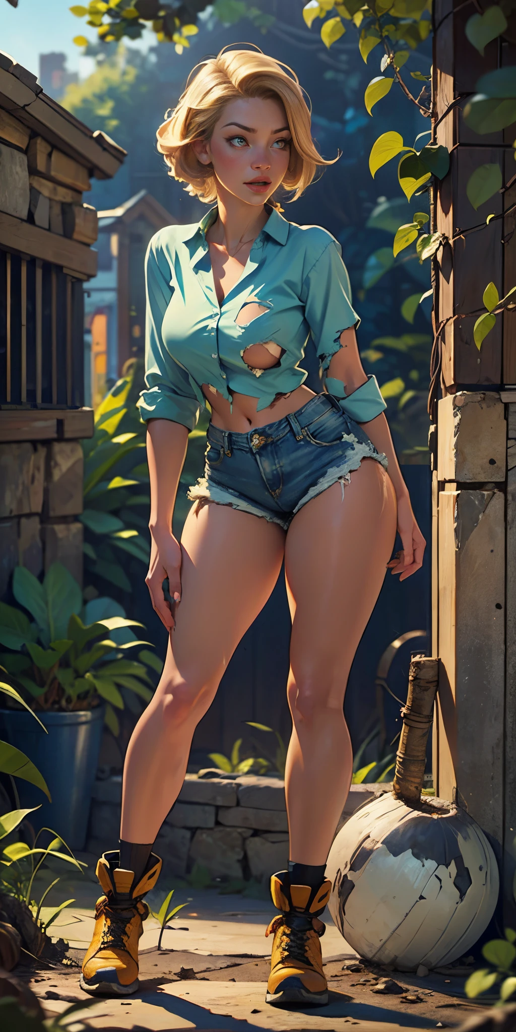 2076 year. The Urban Ruins of the Wasteland, Female huntress picking fruit in the garden, beautiful face, blonde, badly torn shirt and denim shorts , long legs, sweating through, sun rising, Nice warm colors, head to toe full body shot