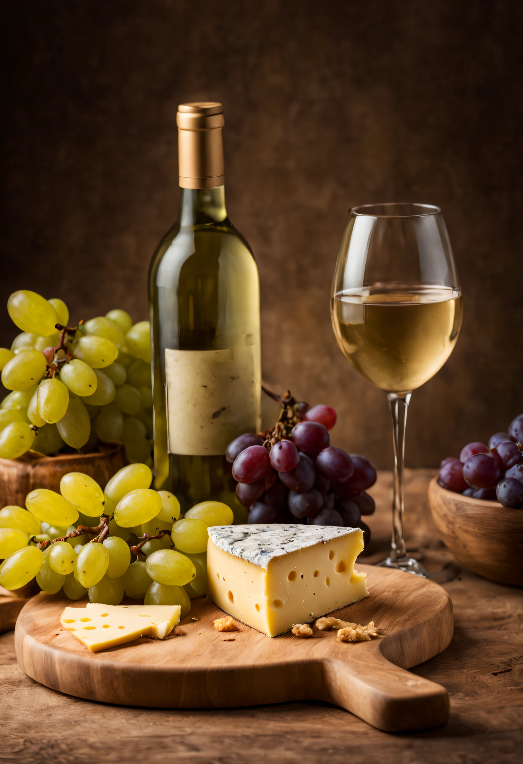Studio Photography, cheese on wooden board, rodeado por panos verdes, a glass of white wine and bunches of grapes are part of the composition. Fotografia profissional, fotografia de comida, profissional color grading