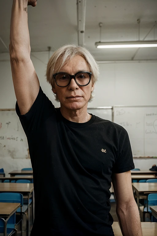 the fantastic iconic pop artist Andy Warhol wearing a plain black t-shirt in a poor Brazilian public school classroom. high skin details, 4k,