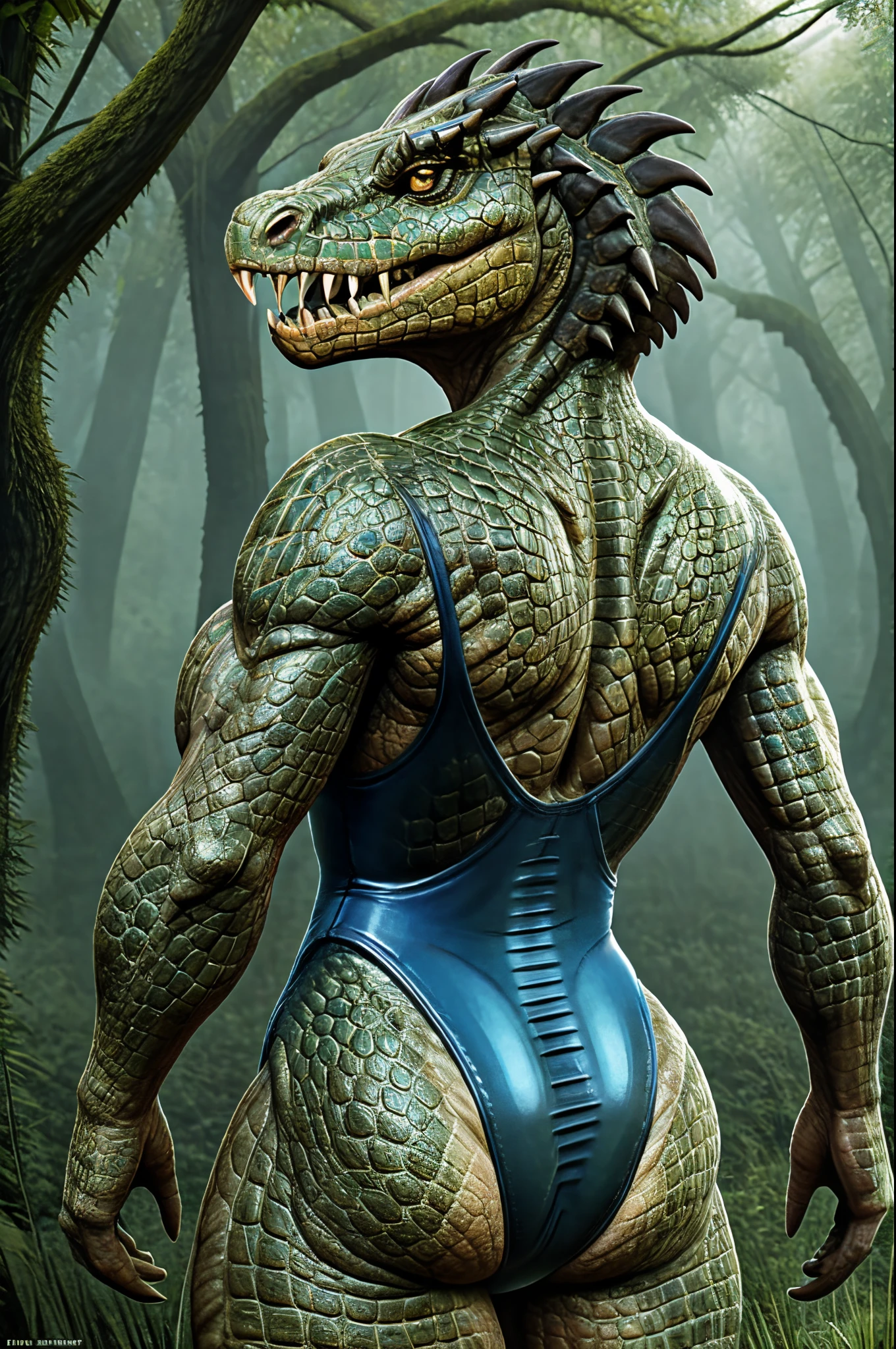 "Create a photorealistic 8K artwork showcasing a solo woman transformed into an anthro crocodile creature. Emphasize high detail and quality for a captivating and realistic portrayal.
The woman should have sharp teeth, reflecting her crocodile transformation. Dress her in a sleek one-piece swimsuit that complements her new form. Cover her entire body with intricately rendered crocodile scales, highlighting her transformation with exceptional realism. Sculpt her with large, muscular, and toned breasts, a voluptuous hourglass figure, and broad hips.
Give her hands crocodile webbed claws, enhancing her reptilian features. Her eyes should mesmerize in a captivating shade of blue. Complete her transformation with a tail emerging from her lower back.
Let her long, elegant hair flow gracefully, a beautiful contrast to her reptilian nature. Place her in a swamp setting, with a prominent radioactive warning sign as a backdrop, creating a compelling atmosphere.
Achieve the highest quality and photorealism, capturing viewers’ attention with intricate details. Immerse them in the astonishing transformation of this anthro crocodile woman."
(Scales:1.4), (sharp teeth:1.4), (muscular body:1.7), (highcut one-piece swimsuit:1.7), (large breasts:1.3), swampstyle monster, swampstyle, monster,