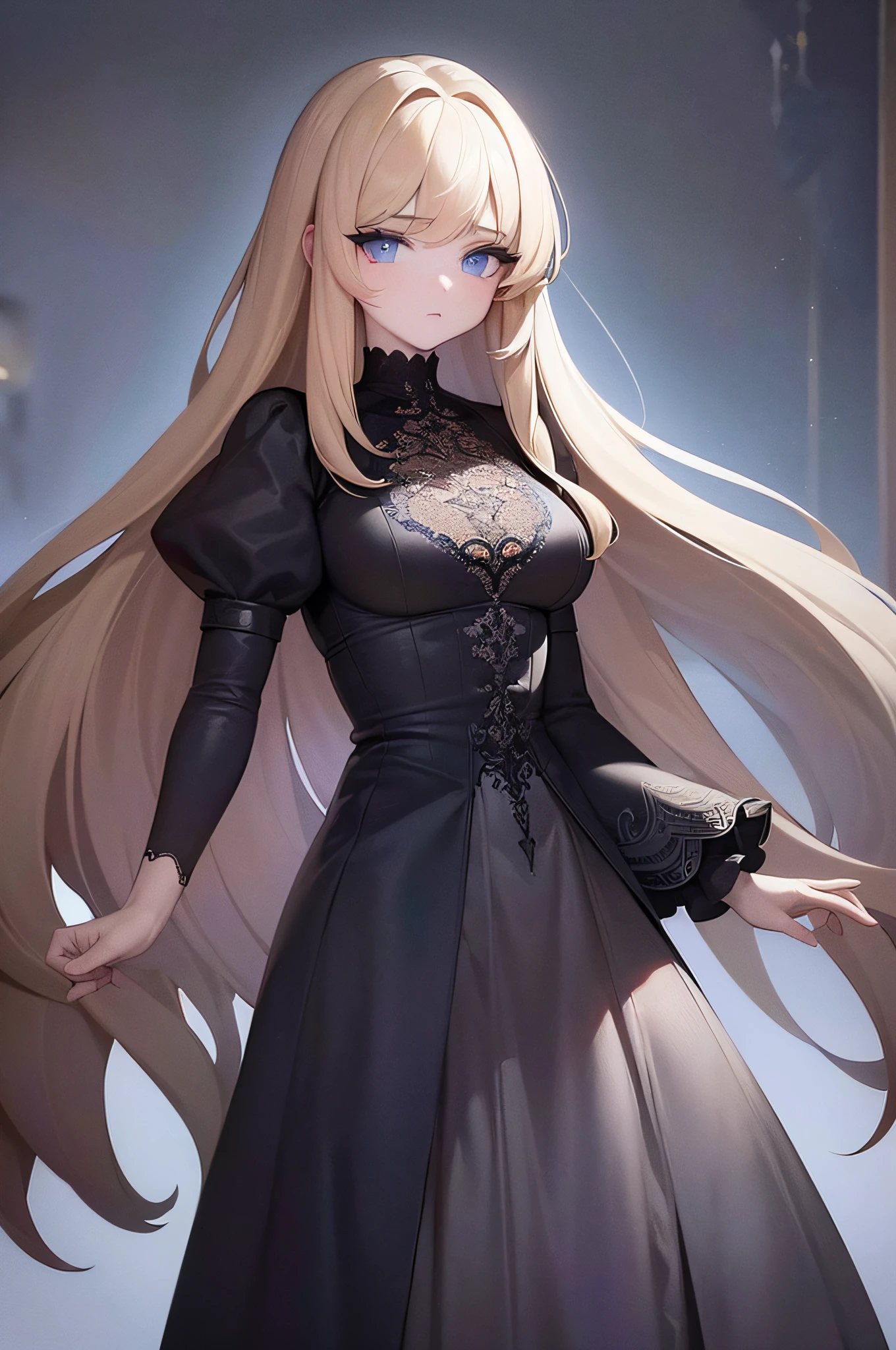 (extremely detailed CG unity 8k wallpaper,masterpiece, best quality, ultra-detailed),(best illumination, best shadow, an extremely delicate and beautiful),floating,high saturation,blonde hair+blue eyes:1.2,gloomy gothic scenery, long hair, gaze into the distance. (A beautiful girl with long blonde hair and blue eyes sparkling gothic lighting)