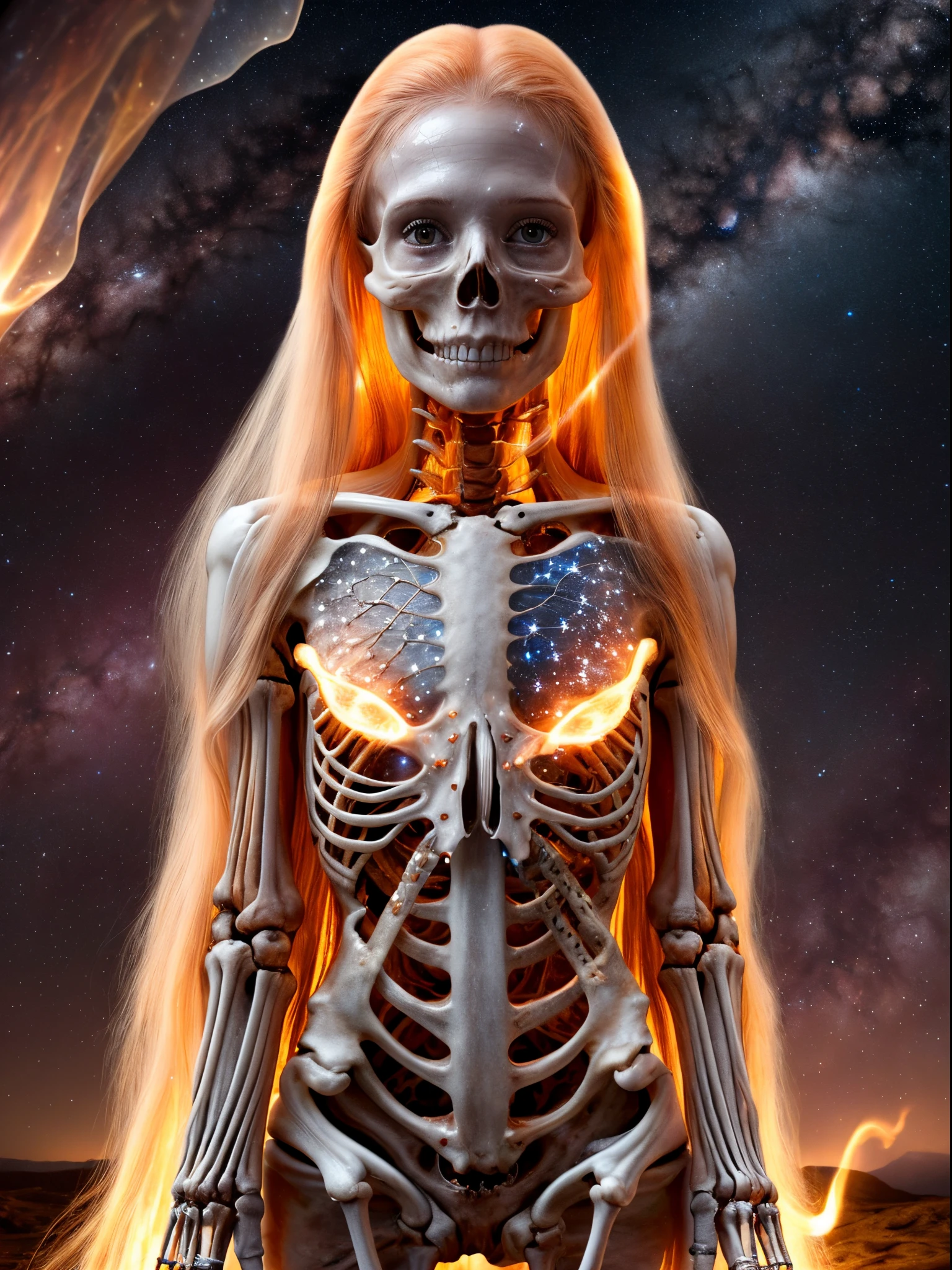 (Realistic:1.5), photorealistic, RAW photo, depth of field, ultra detailed photo of beautiful daughter of space among the cosmos, fire in her eyes, (((translucent skin))) made of stars showing parts of her skeleton clothing, completely white long hair, cinema 4k, cinematic, ethereal, magical, cosmic, full body, high resolution, cute face, no clothes, dynamic pose, covered of stars, realistic skeleton parts, naturally cinematic colors