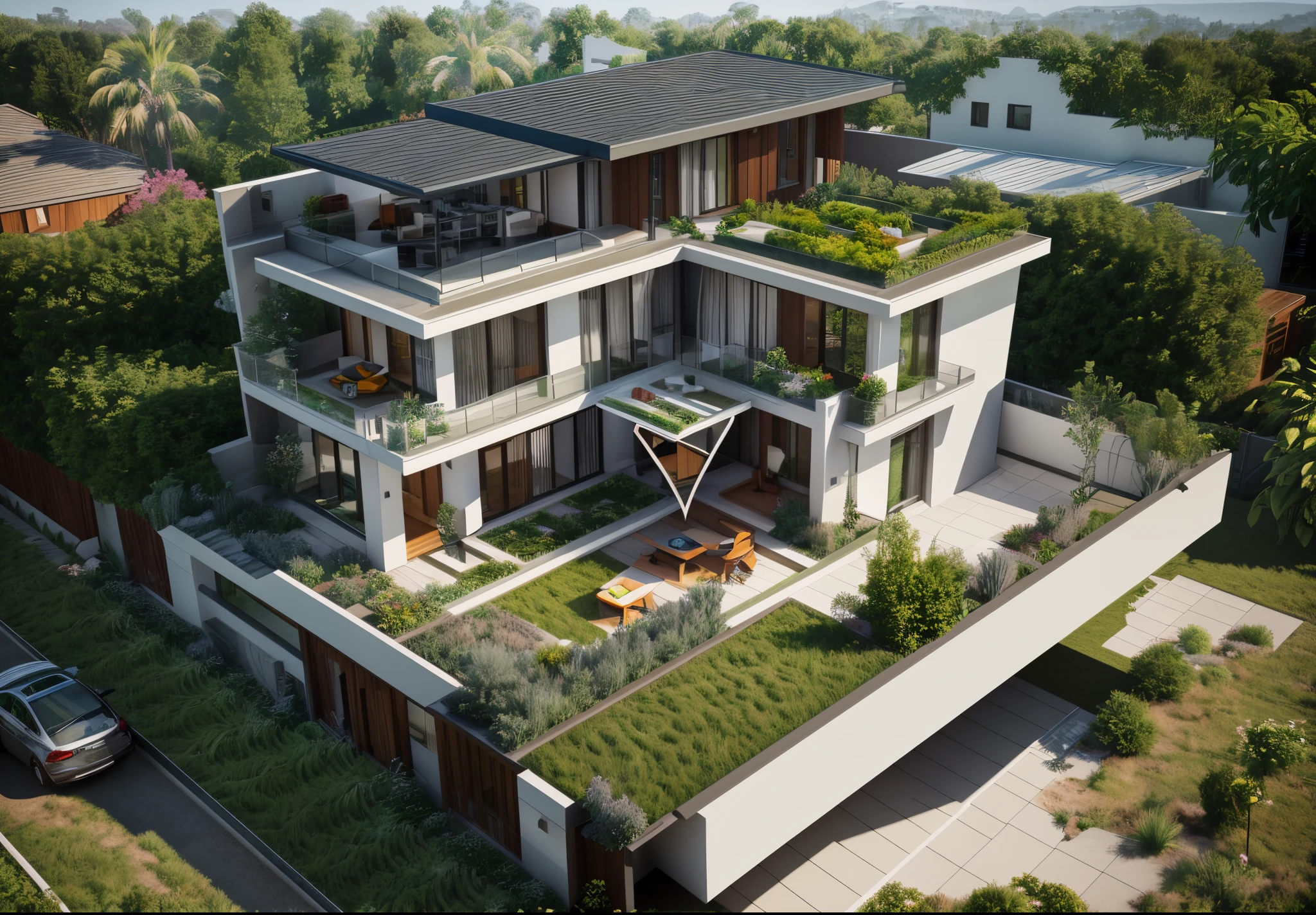 a rendering of a modern house with a green roof and a balcony, large modern residence, inter dimensional villa, architectural rendering, concept house, architectural visualization, above view, lumion rendering, sloped site, architectural render, architectural visualisation, realistic architecture, lumion render, realistic physical rendering, high quality rendering, precise architectural rendering, exterior design, isometric view!!!!