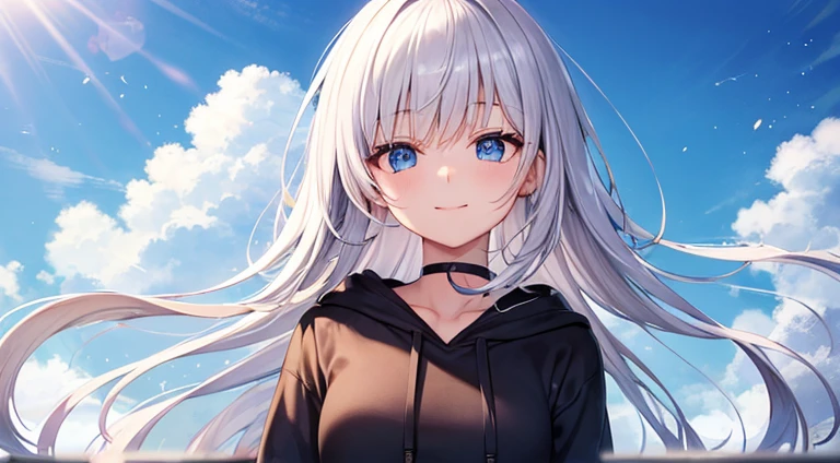(​masterpiece、top-quality)、独奏、1womanl、White hair、the tips of the hair are blue、Blue eyes、A smile、White skin as clear as snow、Fantastical,Small ???????, Silver hair, Blue eyes, Beautiful eyes, Teen Girl, ???????, charmed, be smitten with audience, Hoodie, Hoodie with open front, ????? Hoodie, Shoulder out, Blue sky, , Sunlight