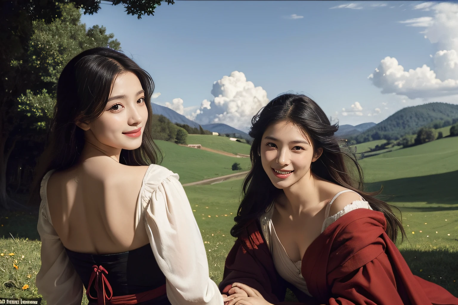 Poussin-style landscape,A smile,,Sweet and seductive appearance.、Caravaggio's paintings、Chiaroscuro of Caravaggio、Hair disheveled in the wind,Two women frolicking,Cute smile, Expression of ecstasy