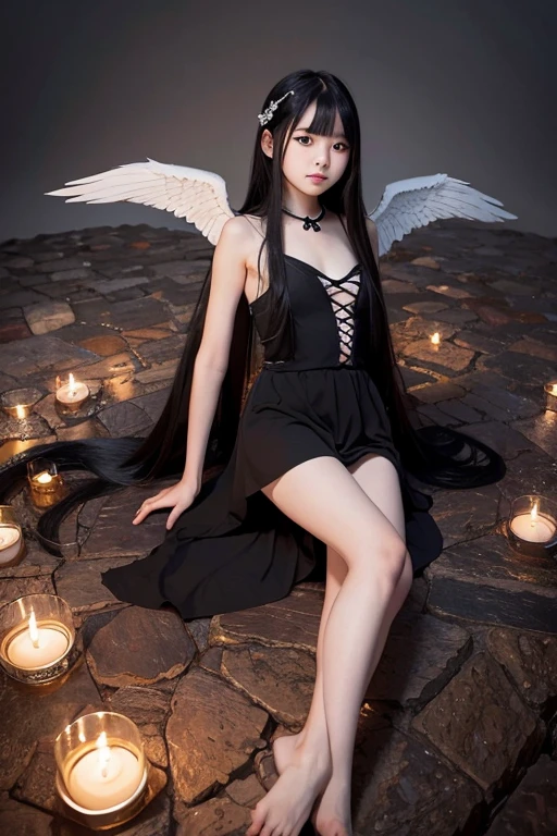 from below,full body,floating,fallen angel, girl,very long black hair,evil smile,