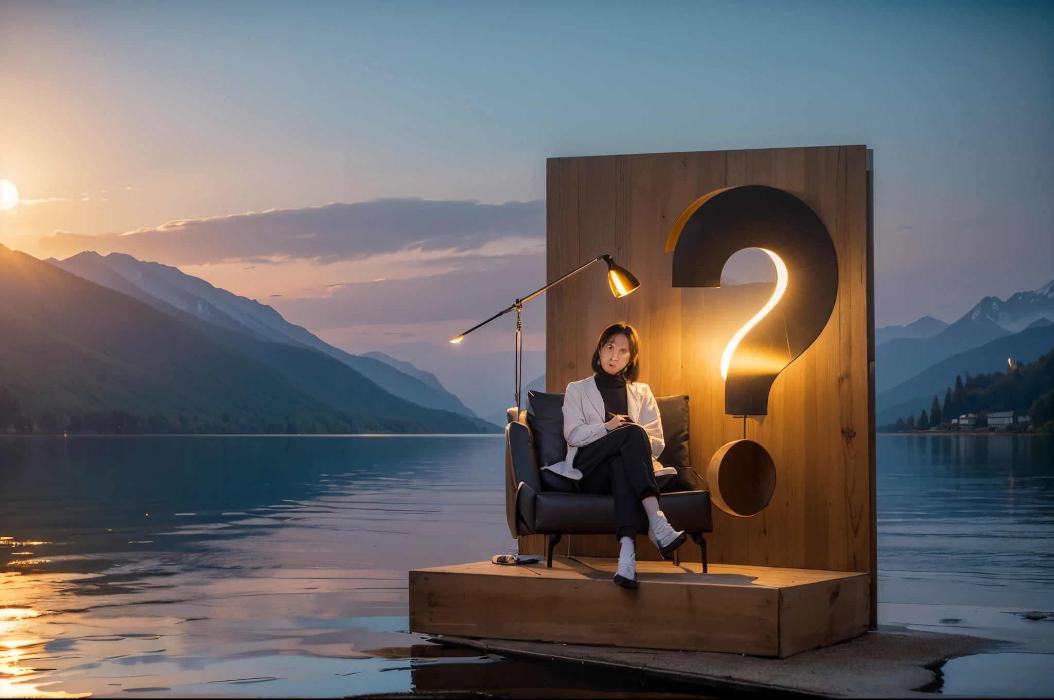 One guy, An Asian beauty, sitting in black armchair, Placed on the red question mark platform. The platform floats on a lake with mountains. The human head is replaced by a white lampshade, There is a golden lamp on the right side of the chair. The background is a lake, There are mountains and clear blue sky. The sun shines brightly on the upper left corner.Surreal, k hd, hyper qualit,