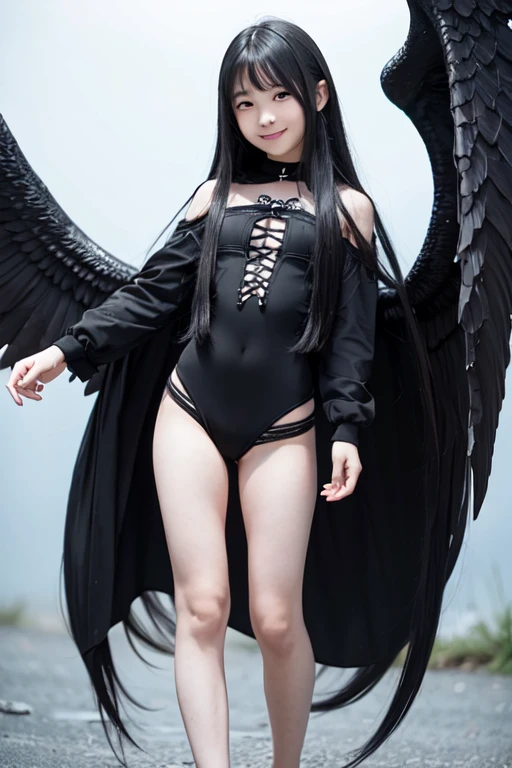 full body,floating,fallen angel,10 years old girl,very long black hair,evil smile,