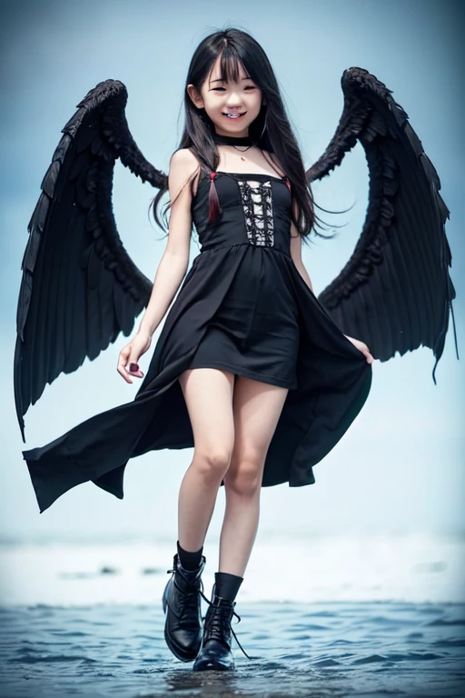 full body,floating,fallen angel,10 years old girl,very long black hair,evil smile,