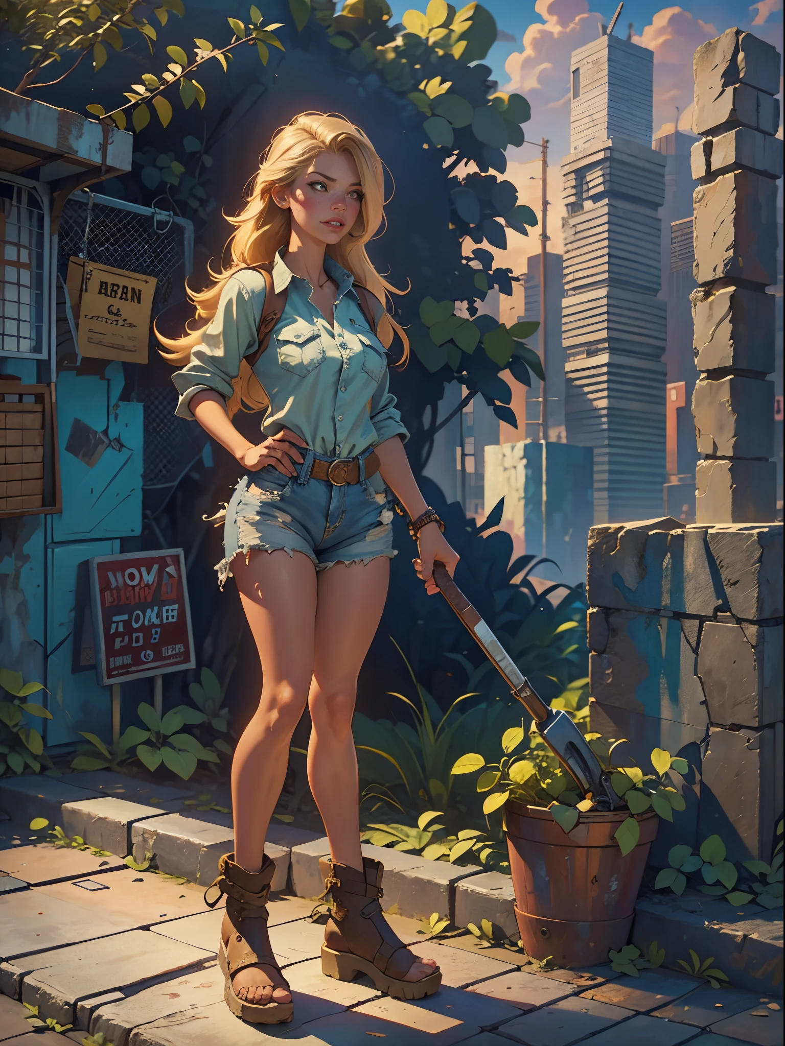 2076 year. The Urban Ruins of the Wasteland, Female huntress picking fruit in the garden, beautiful face, blonde, badly torn shirt and denim shorts , long legs, sweating through, sun rising, Nice warm colors, head to toe, full body shot, pretty hands, perfect fingers,