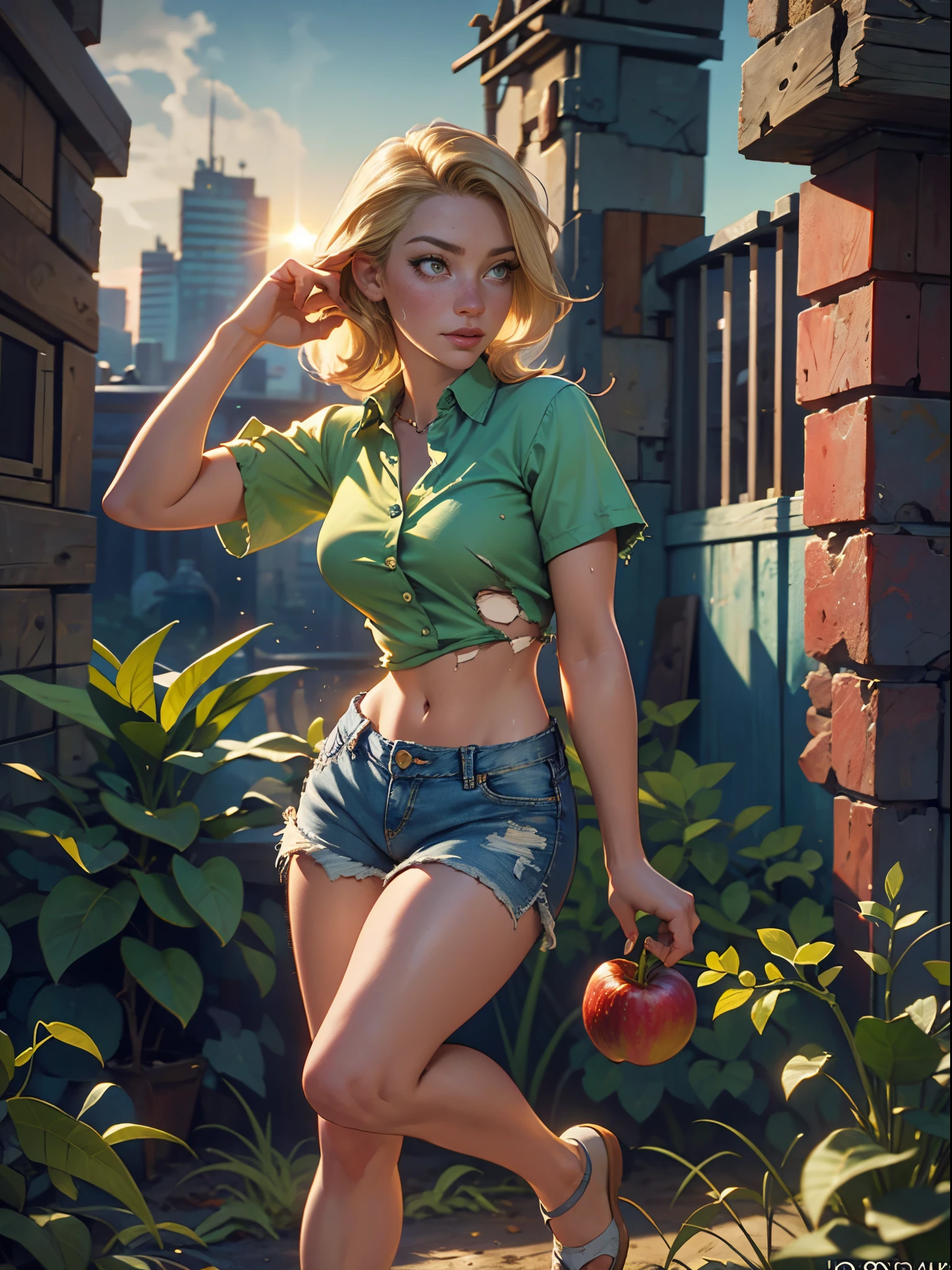 2076 year. The Urban Ruins of the Wasteland, Female huntress picking fruit in the garden, beautiful face, blonde, badly torn shirt and denim shorts , long legs, sweating through, sun rising, Nice warm colors, head to toe, full body shot, pretty hands, perfect fingers,