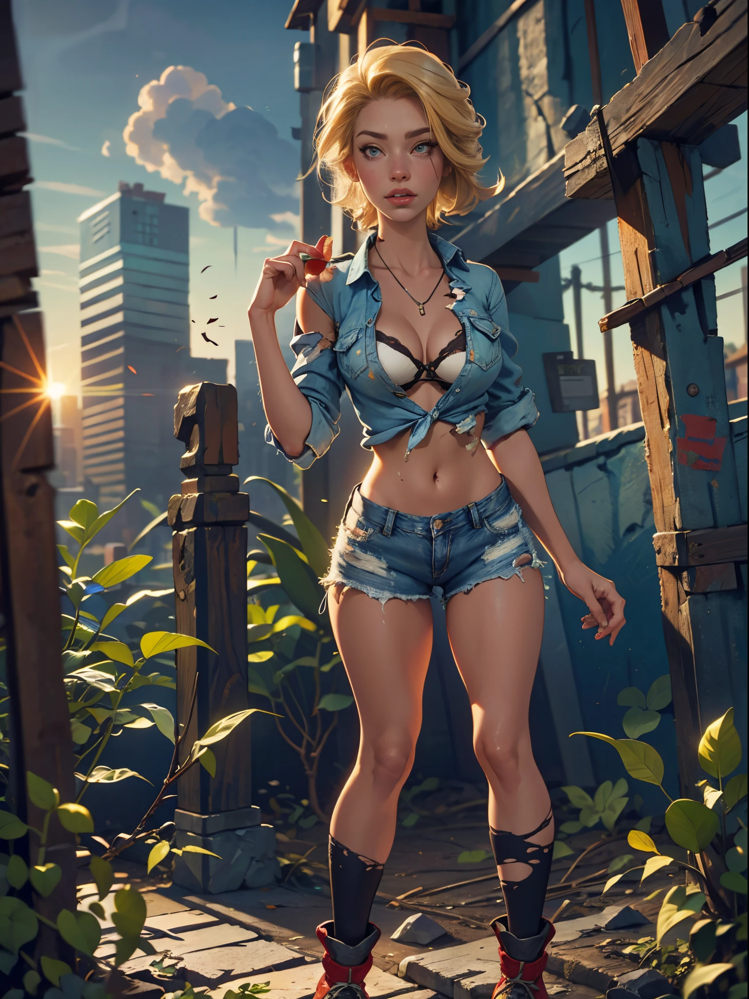 2076 year. The Urban Ruins of the Wasteland, Female huntress picking fruit in the garden, beautiful face, blonde, badly torn shirt and denim shorts ,  long legs, sweating through, sun rising, Nice warm colors, head to toe, full body shot, pretty hands, perfect fingers,