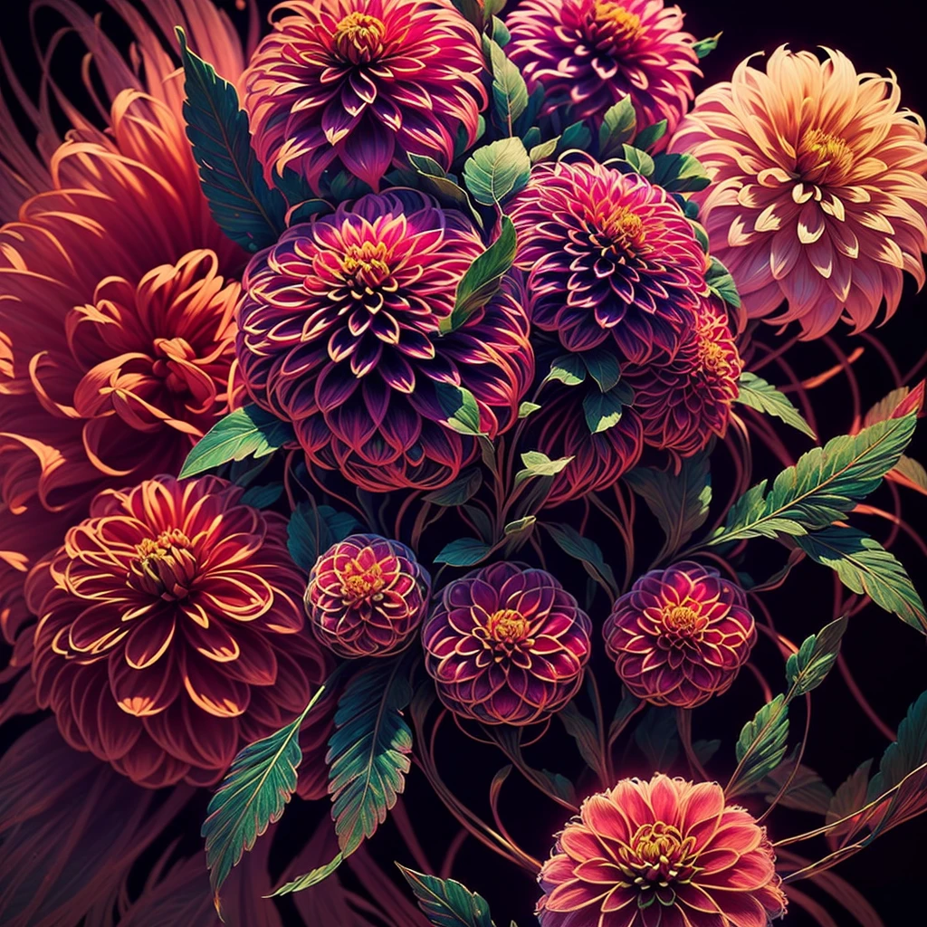 Riff Style 2 (masutepiece, top-quality, Best Quality, Official art, Plants and bird feathers, Beautiful and aesthetic:1.2), (((dahlia))), Extremely detailed,(Fractal Art:1.1),(red)(Flowers:1.3),highest details,(Zentangle:1.2), (Dynamic Pose), (Abstract background:1.3), (Shiny skin), (Many colors:1.4), ,(earrings)