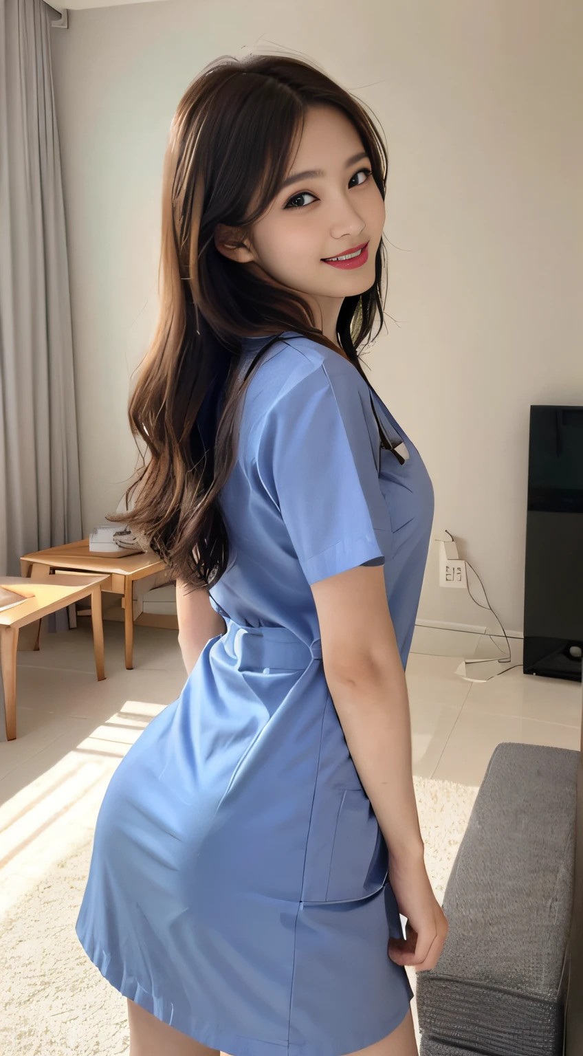 (top-quality、8K、masterpiece:1.3))、Focus:1.2、Perfect Body Beauty:1.4、s ass:1.2、((Delicate hair))、(Stylish Nurse Uniform:1.1)、(a room、livingroom:1.3)、Highly detailed facial and skin texture、finely eye、二重まぶた、Whitening skin、Beautiful breasts、A smile、wearing necklaces、