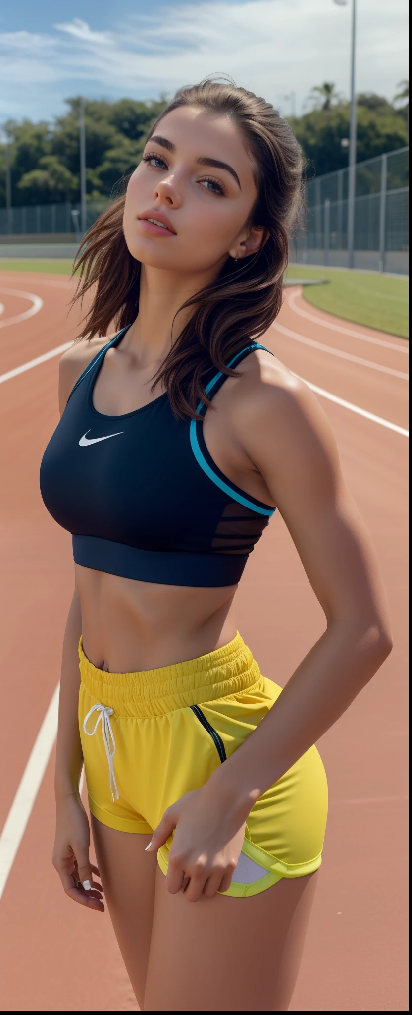 mulher arafada com blusa preta e short amarelo em uma pista, foto fit, Esporte bom, sport bra and shorts, menina em forma, Mina Petrovic, sports bra, sporty physique, Retrato Sophie Mudd, brassier, recorte de meio corpo, physical : tinyest midriff ever, sport bra and dark blue shorts, corpo em forma