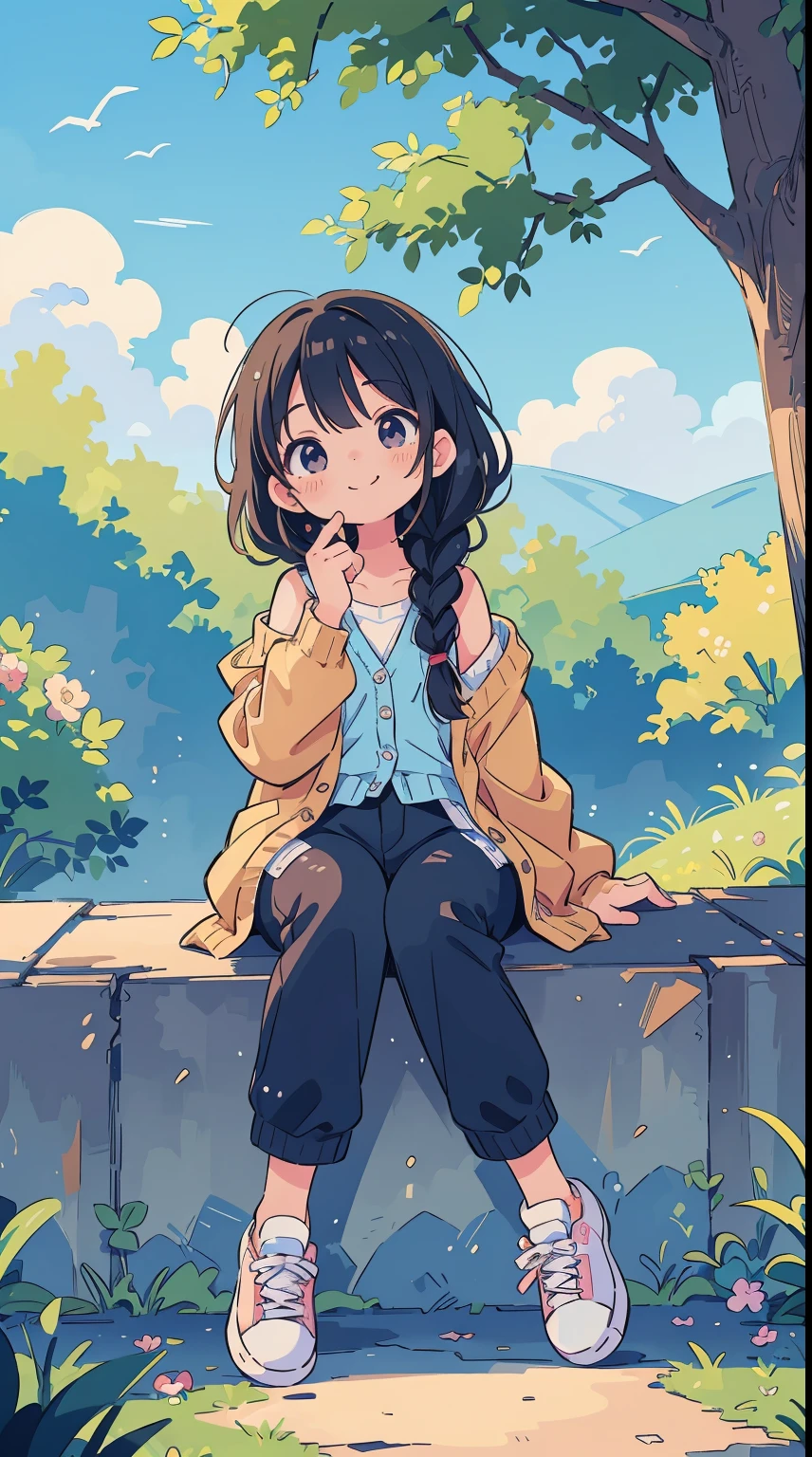 Top Quality, Masterpiece, Ultra High Definition, 8K, Summer Sky, Early Summer, (Pants, Sheer Cardigan, Sneakers), Shojo Manga Style Loli, One, Soft Line Art, Digital Enhancement, Shoujo Manga Touch, Shojo Manga Core, Flowing Fabric, Close Up, (Shoulder Length and Short Braid)), Wet Hair, Soft Drawing, Beautiful Black Hair, Clear Eyes, ((Teasing smile)) , Ultra-detailed digital anime art, clear face depiction, ultra-detailed shoujo manga character art, clear facial features, ultra-detailed manga style, top quality colors, hand gestures, landscape with nature, looking up at the sky, angle to see up to your feet, sit