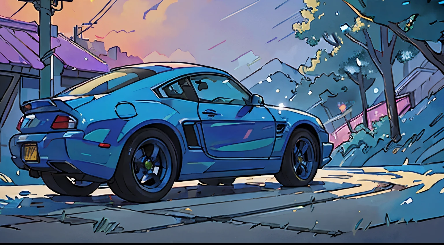 Bolides, beautiful scenery outside, Detailed reflections of car surfaces, High quality and detailed painting, Vibrant colors, Natural lighting