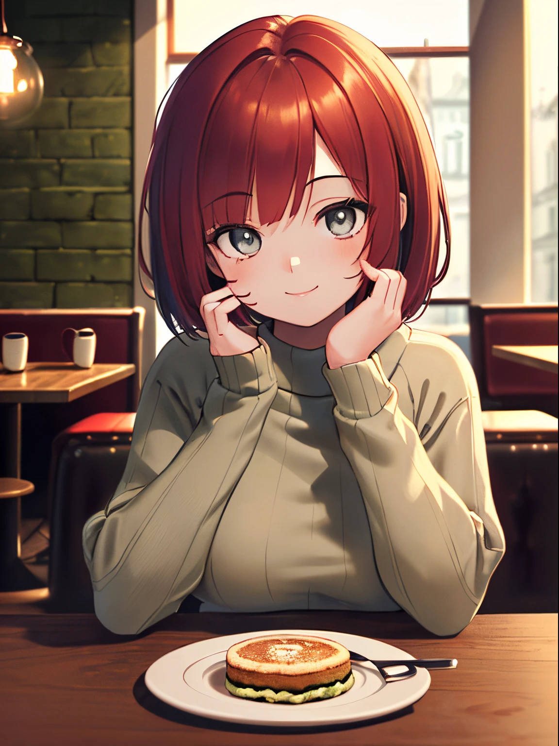(best quality, masterpiece, high resolution, extreme detailed, best shadow), 1 girl, (soft look), smile, beautiful wine red short bob hair, (moss green sweater), (beautiful light grey eyes, cute), ((warm cafe background))