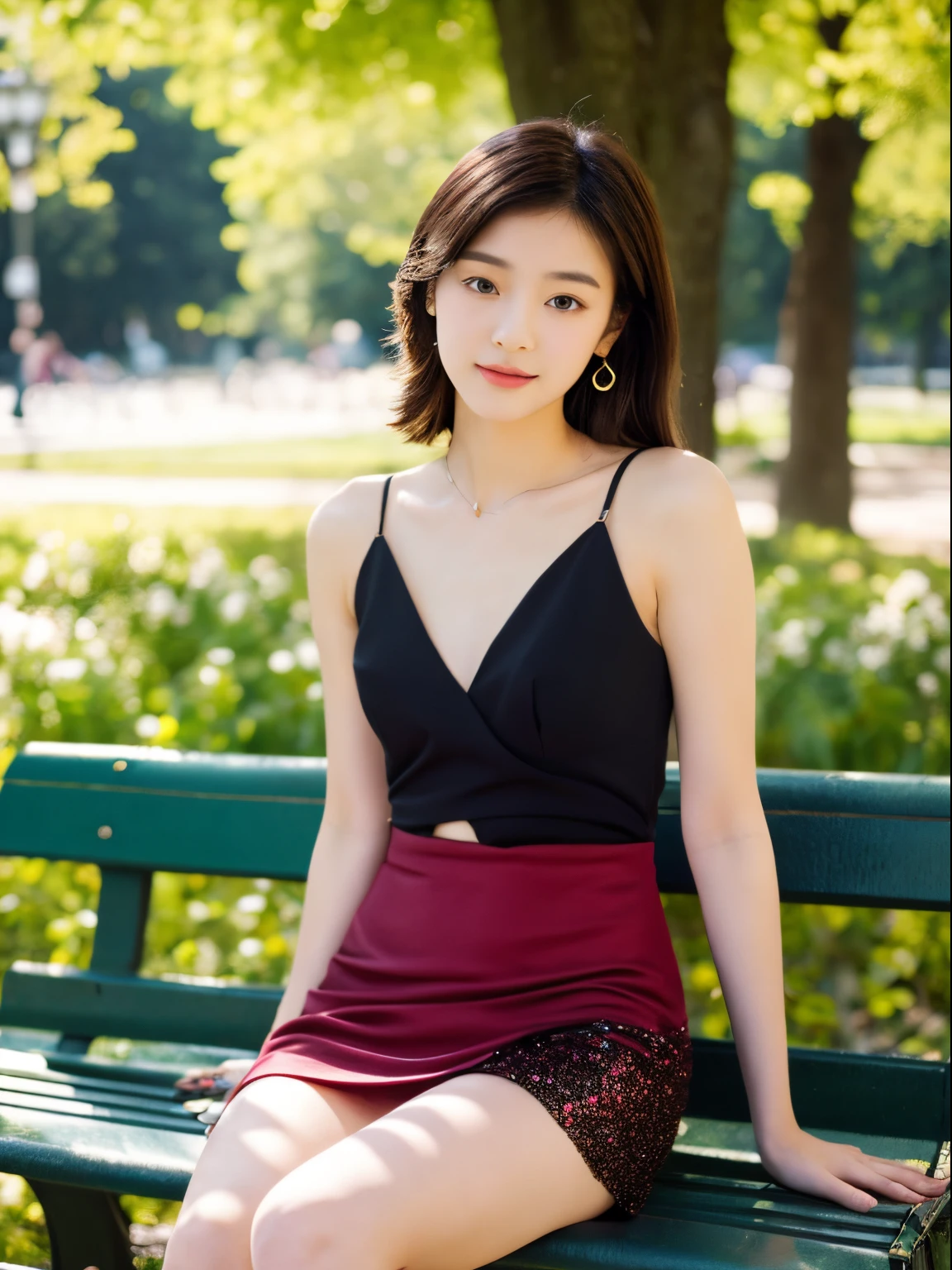 8K, Raw photo, Full-body high-resolution image，Fuji Film, Beautiful 18 year old woman style photo, Soft face， Sitting on a park bench，Red roses on the neck, Wearing a red and black sparkly satin dress, Golden earrings, Powerful features like a spinning pigeon, (highly detailedskin: 1.2), Medium brown hair with lights, 35 mm, cute-style，Raise your skirt a little to show your panties，