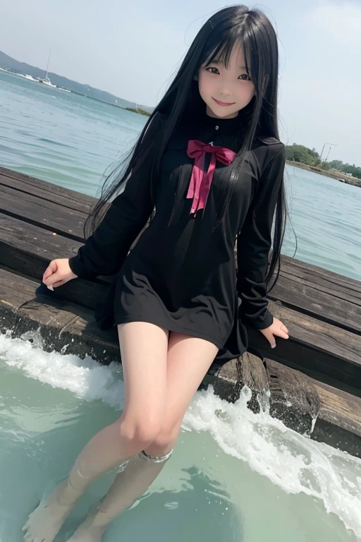 full body,floating,fallen angel,10 years old girl,very long black hair,evil smile,