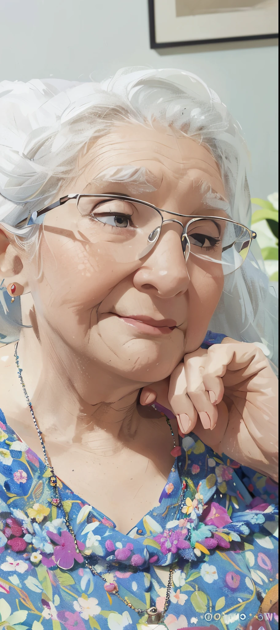 masterpiece, best quality, 4k, pixar style, a profile photo of a 90 year old lady, fat, wearing glasses, short white hair, wearing pearl earrings and necklace. Flowered dress.