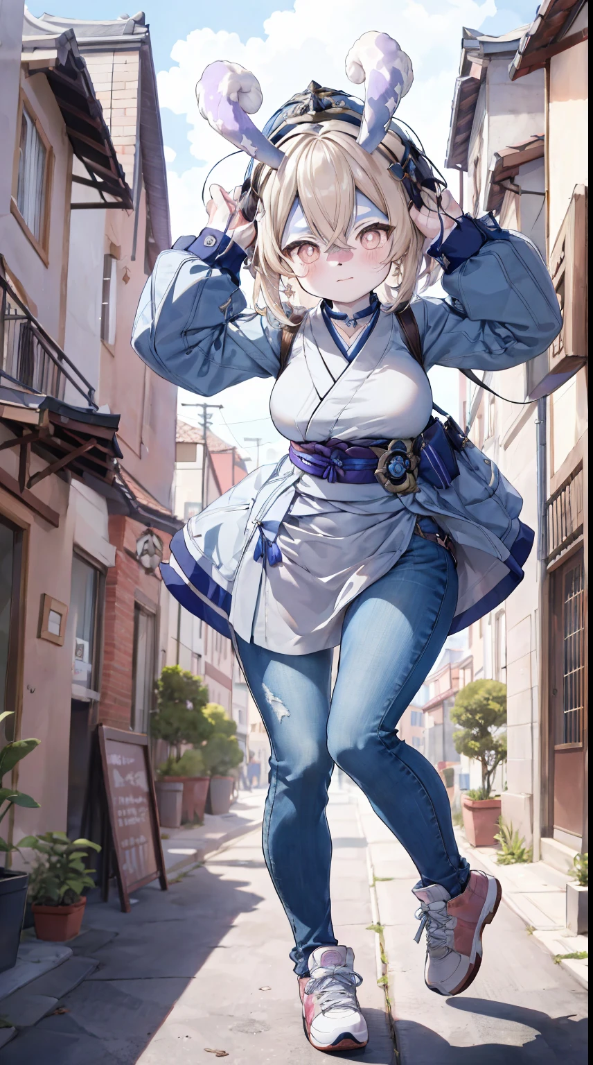 Melousine|genshin impact, masterpiece, bestquality,3 girl,young girl, Colossal large breasts, japanese school uniform, unstable _Front,oily shiny skin,flat chest,nice leg line:1.3,thick thighs, thin-waist,, red_streaks_light_wrap_dress, white_platform_sneakers, woven_El_bag, straw_headgear, gold_hoop_earrings, jacket, In a 19th century French town, long jeans city scenery,looking at the audience,From Top:1.2,dynamic angle, HD images, 4K, 8K