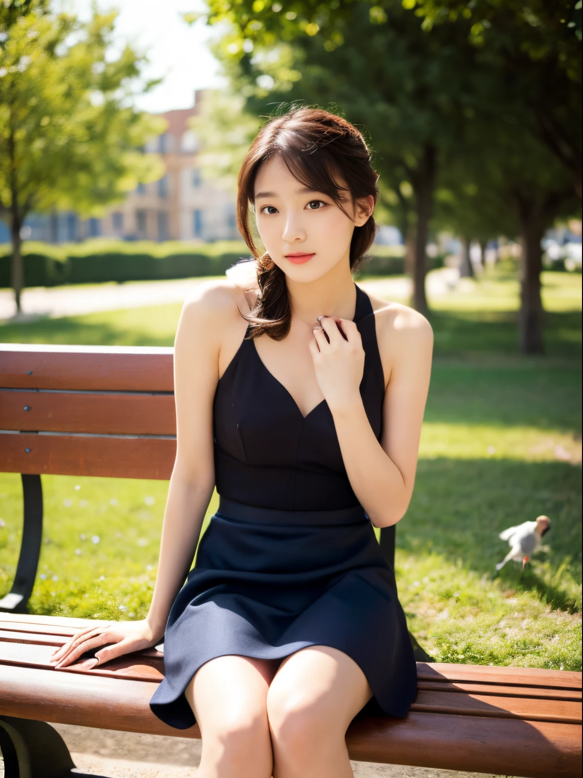 8K, Raw photo, Full-body high-resolution image，Fuji Film, Beautiful 18 year old woman style photo, Soft face， Sitting on a park bench，Red roses on the neck, Wearing a red and black sparkly satin dress, Golden earrings, Powerful features like a spinning pigeon, (highly detailedskin: 1.2), Medium brown hair with lights, 35 mm, cute-style，Raise your skirt a little to show your panties，